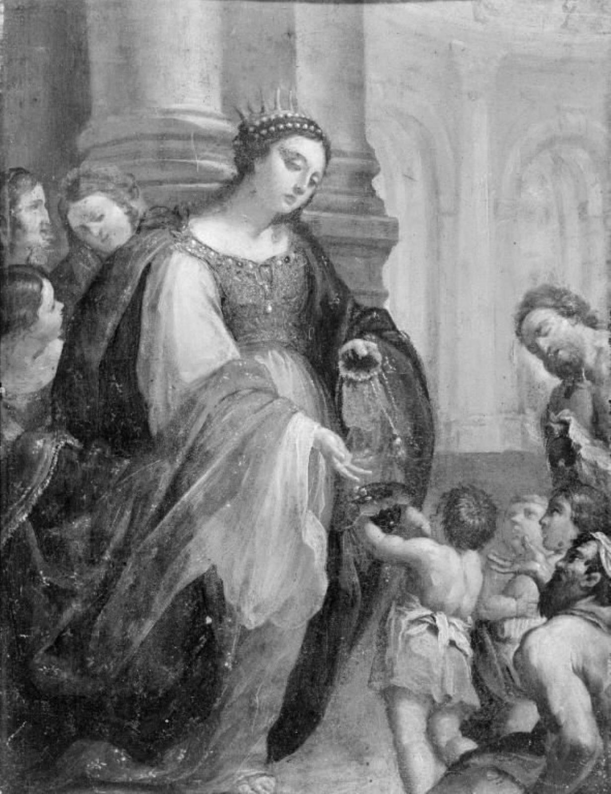En fransk dronning med krone og blå kappe indvirket med guld, liljer, giver almisse til de 1779, KMS Stroe 632 | SMK Open