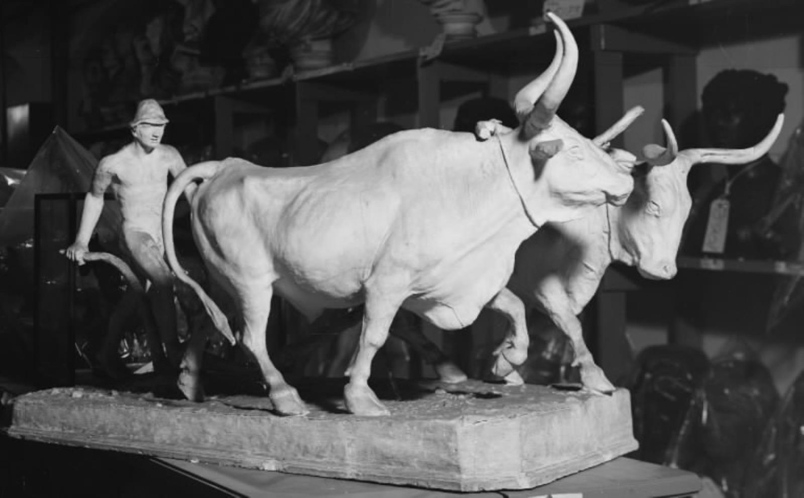 En karl, der pløjer med to okser