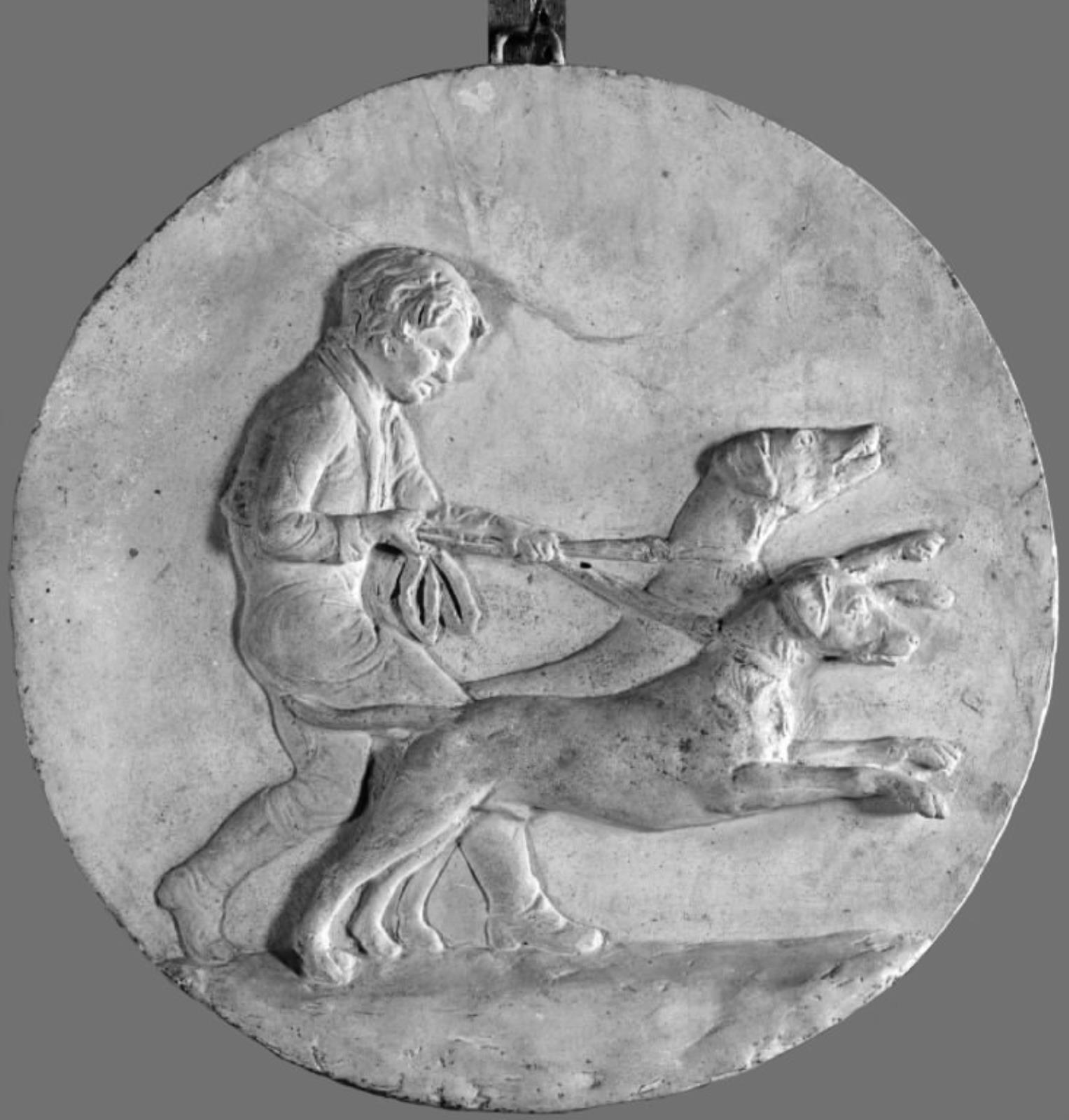 En dreng med to hunde i et reb