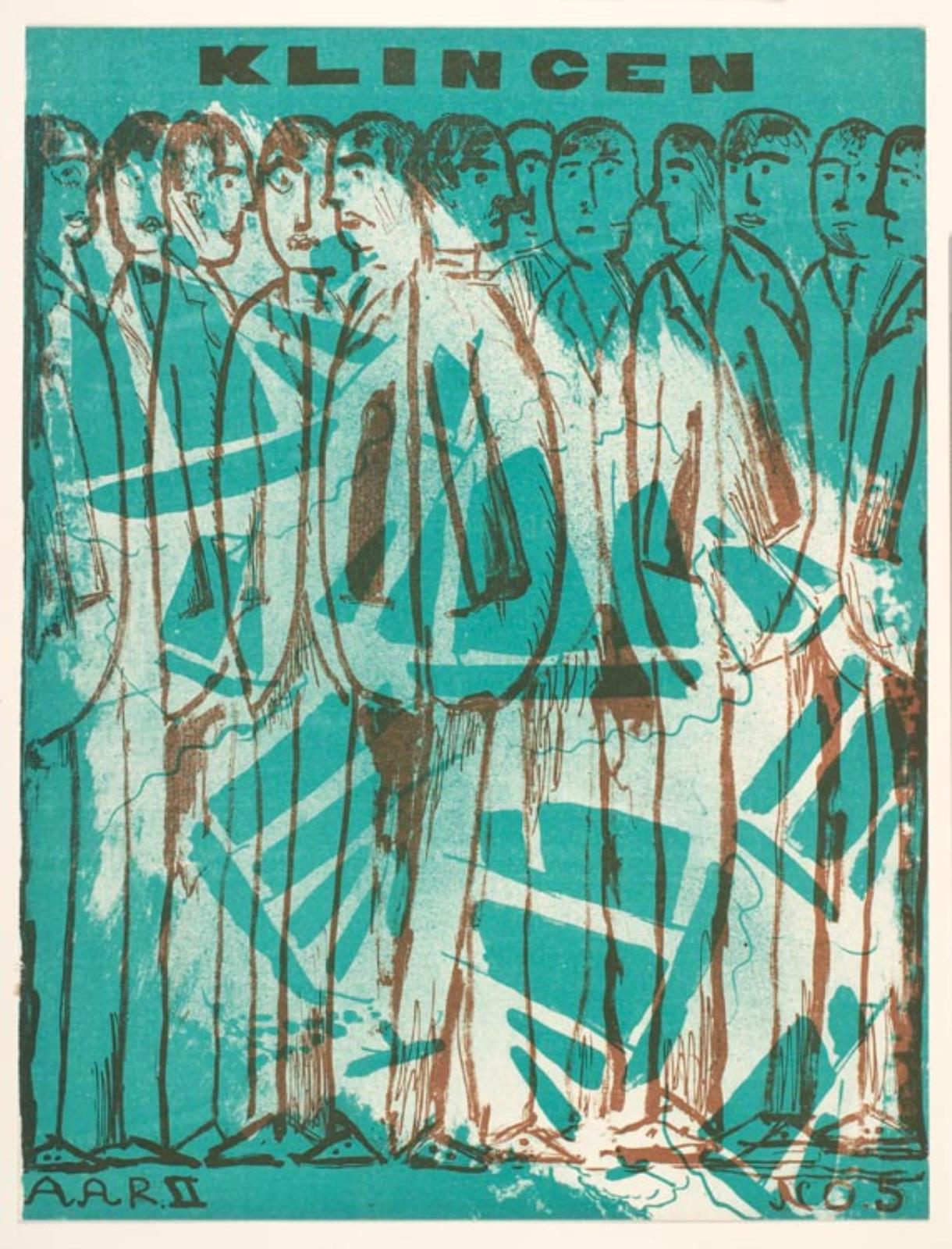 Tolv stående personer. Forside til Klingen årg. II, nr. 5, Svend Johansen, 1919