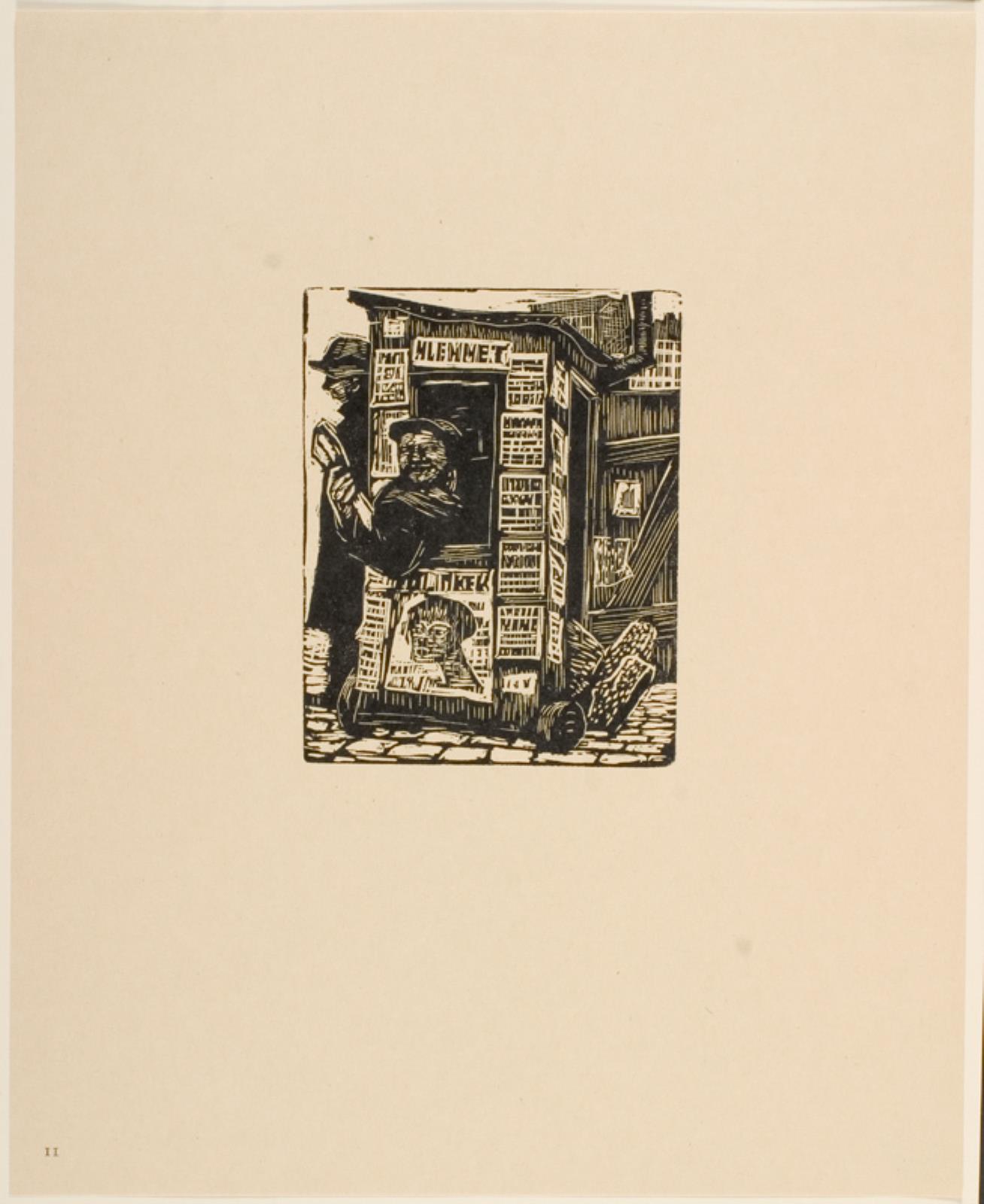 Avissælger i et lille skur, t.v. herfor stående mand, Povl Christensen, 1935