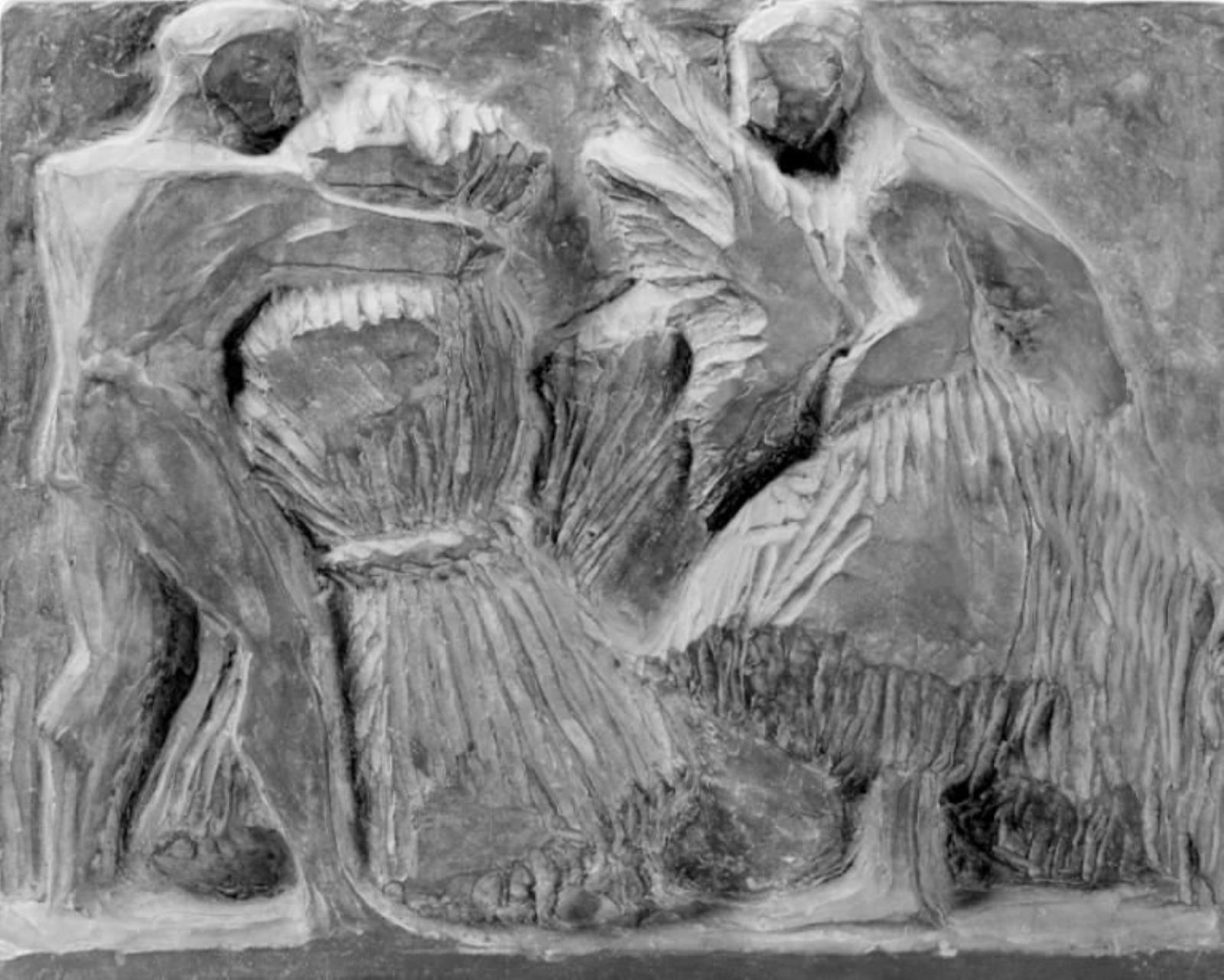 Høst I. To nøgne mænd, der samler kornneg