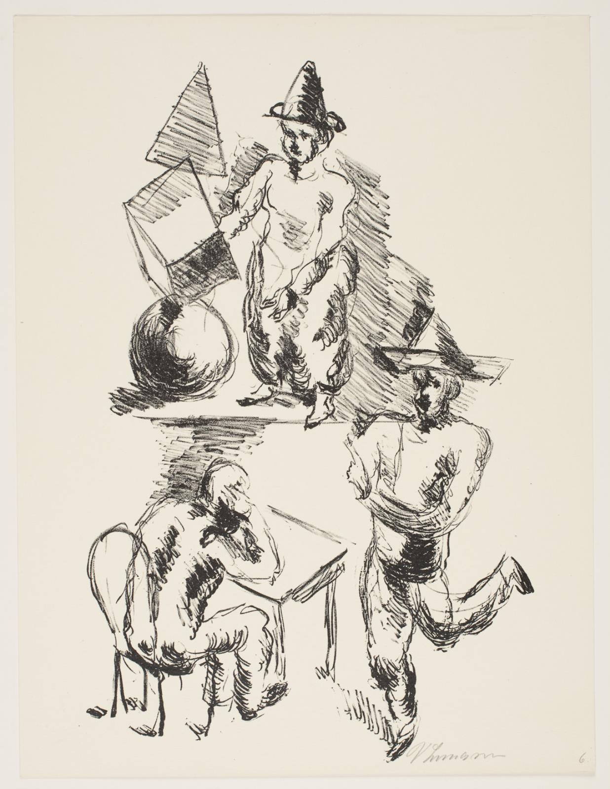 En siddende figur og to stående figurer med hatte