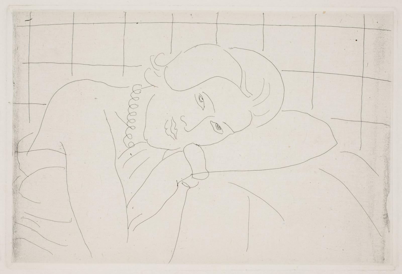 Kvinde, der hviler hovedet på armen. Halvfigur