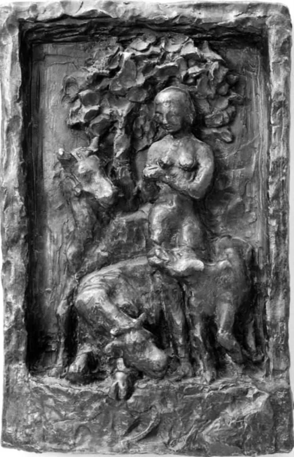 Kvinde stående under et træ, omgivet af husdyr, Henrik Starcke, 1957