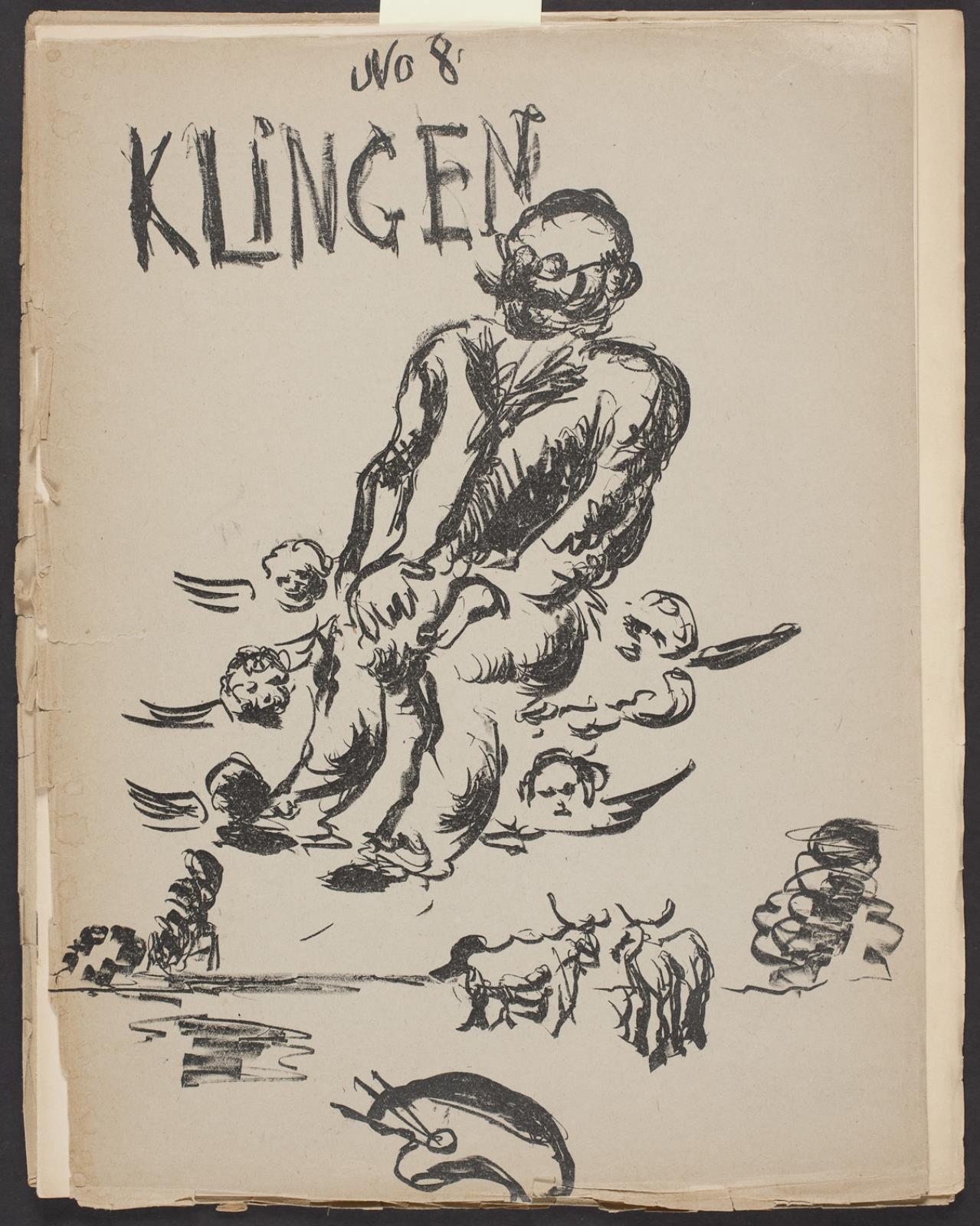 Siddende figur båret af engle, f.n. et landskab med køer. Forside til Klingen årg. III, nr. 8, Vilhelm Lundstrøm, 1920