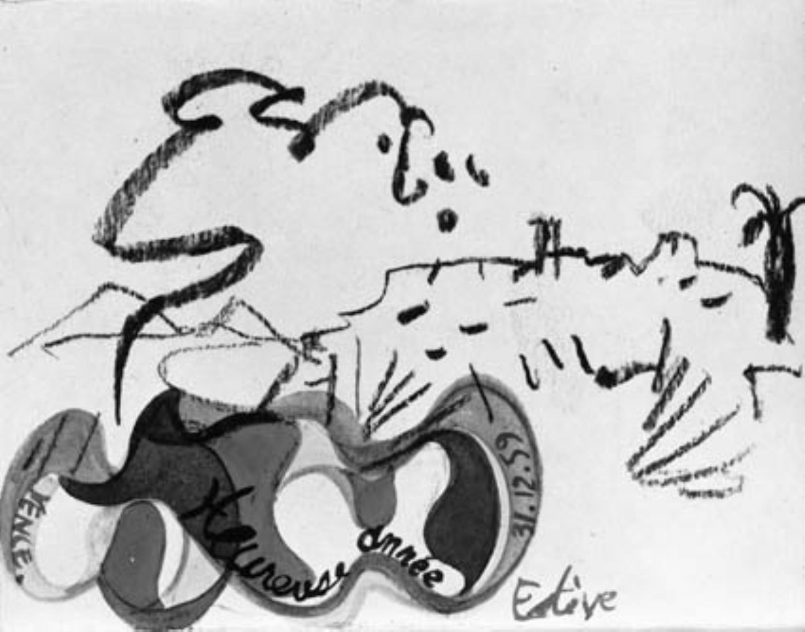 Udsigt mod Vence (?) med biomorfe former i forgrunden, Maurice Estève, 1959