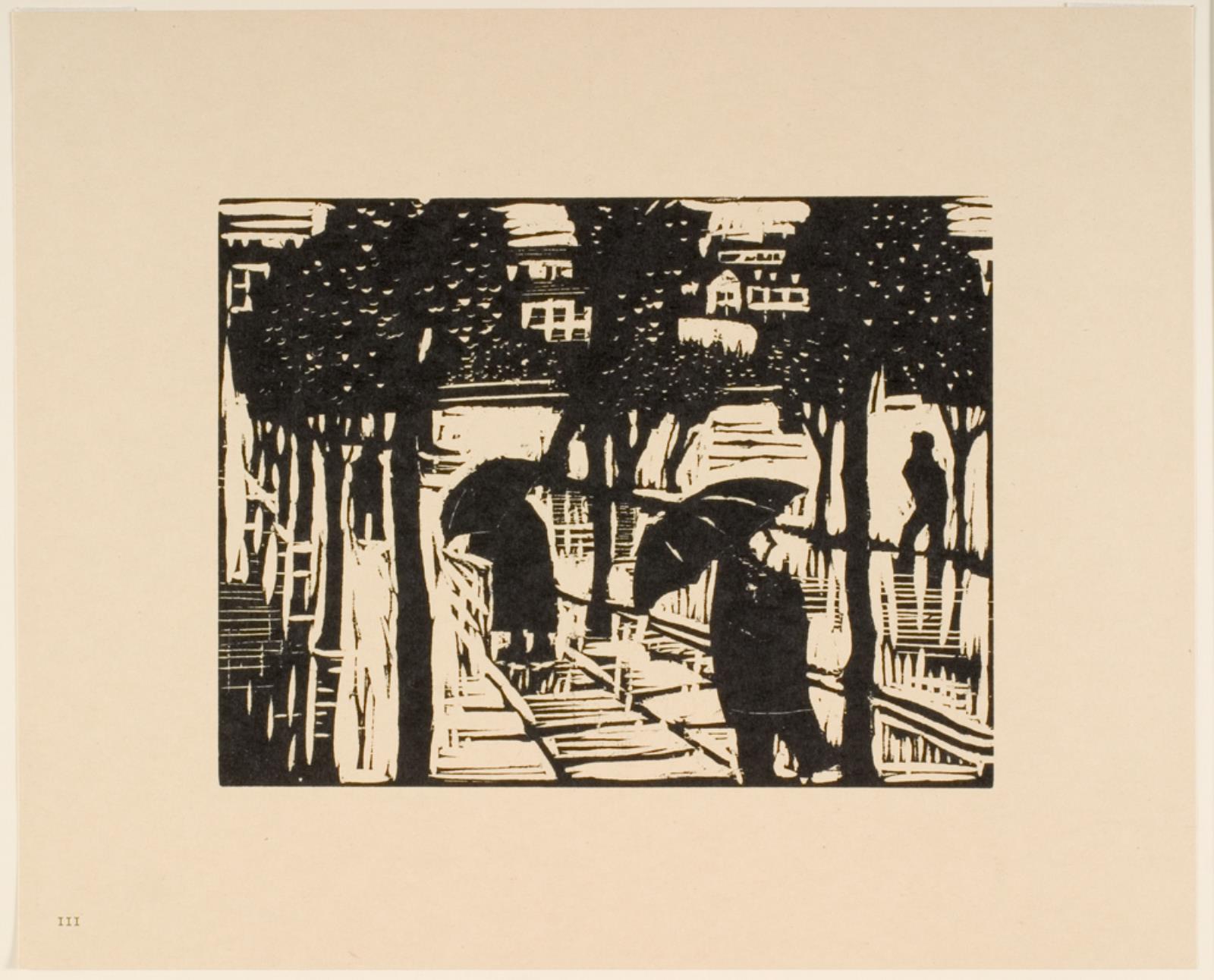 Allé med gående mennesker med paraply, Povl Christensen, 1935