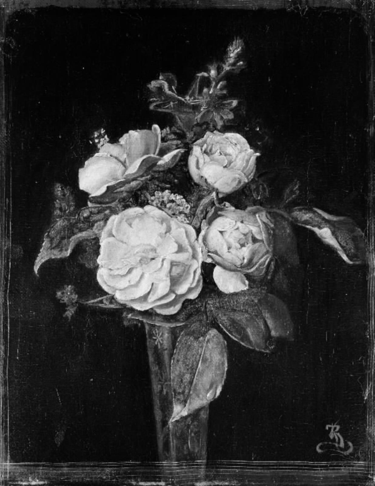 Roser og reseda i et blomsterglas