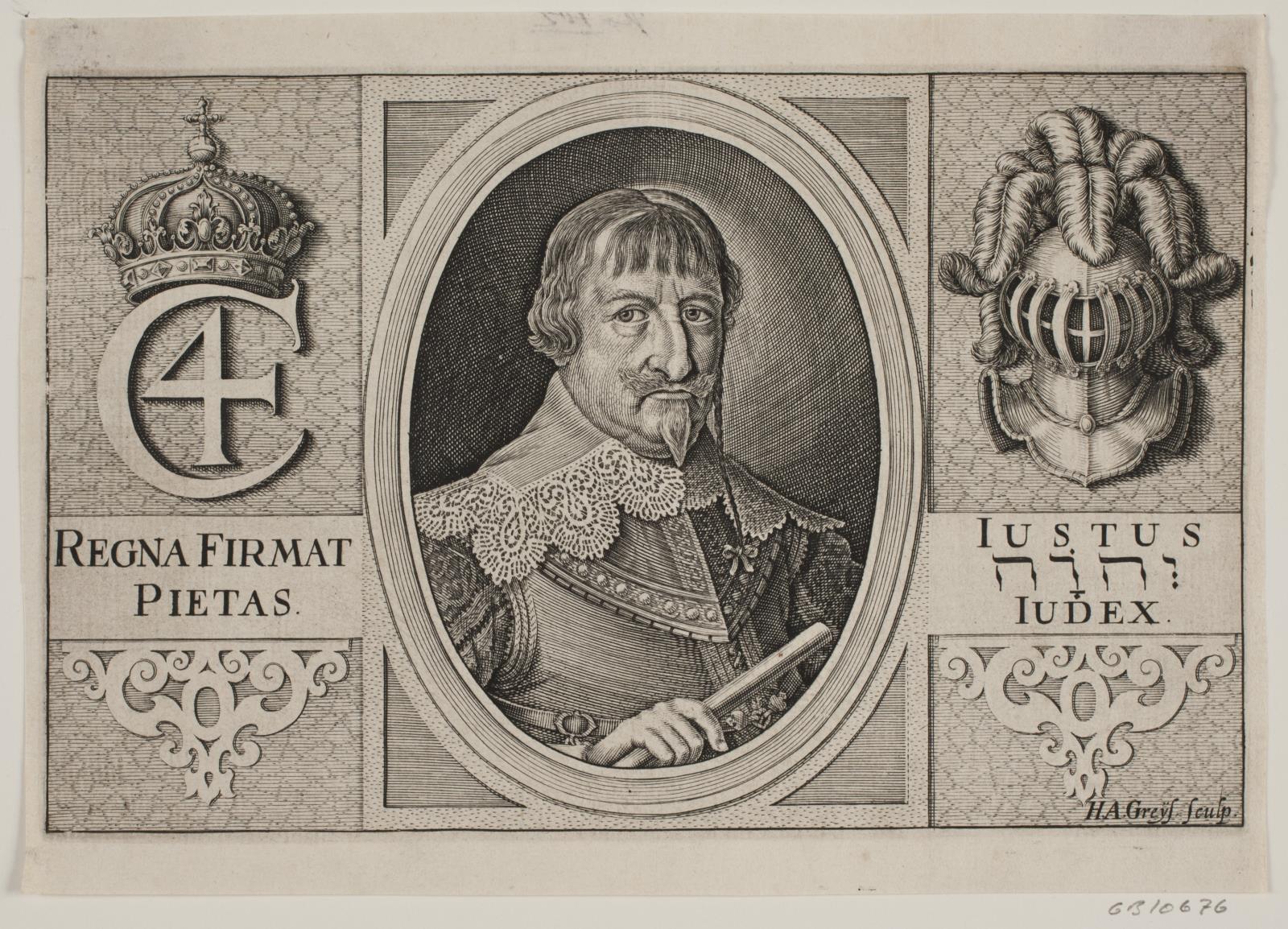 Christian IV. Illustration til Peder Vinstrup, "Den danske Hornblæser", 1644