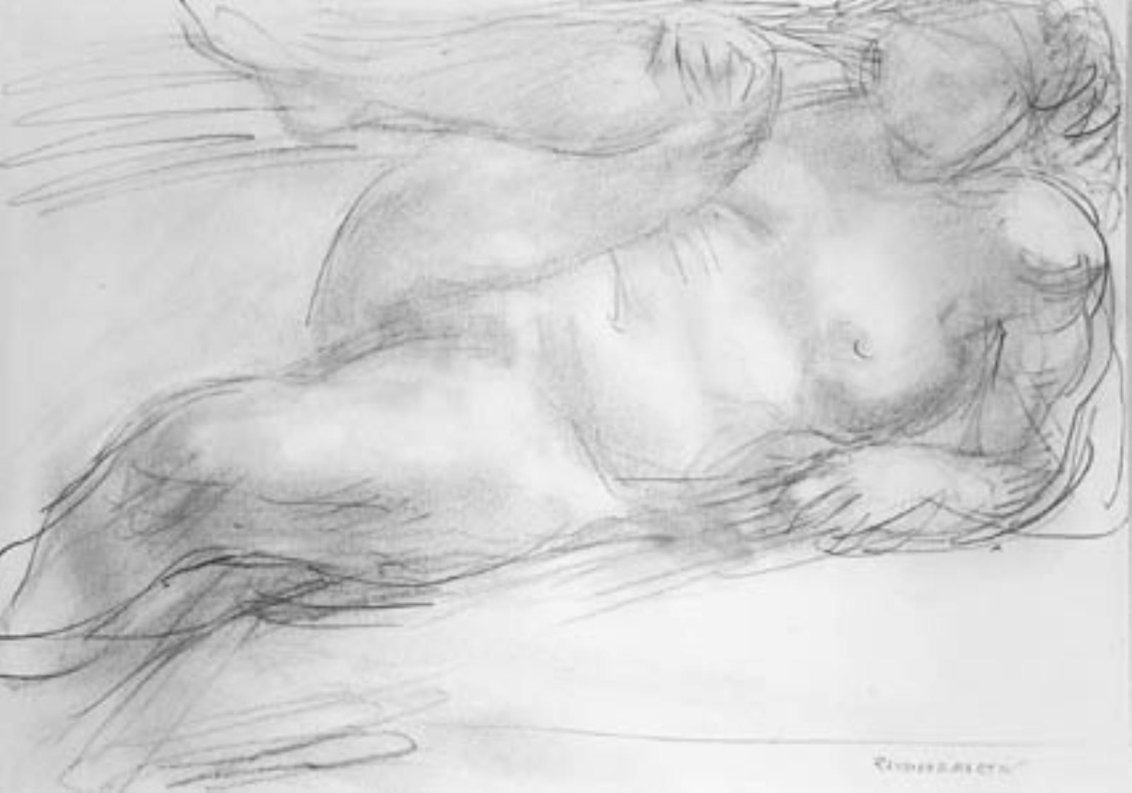 Kvindelig model, liggende mod højre på en seng, højre ben løftet, Raymond Martin, 1910-1992