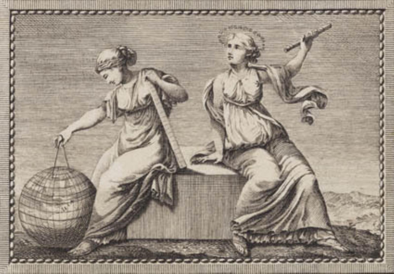 Urania og Gæa sidder på en firkantet stenblok