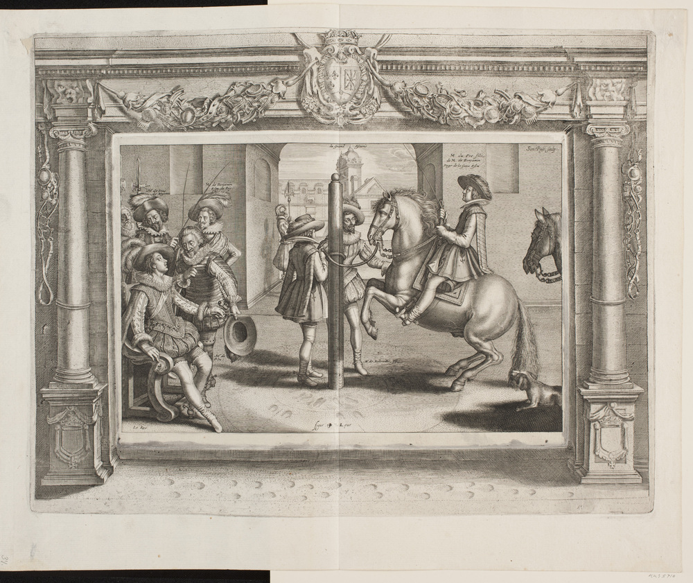 Rideøvelse med page til hest. Ludvig XIII siddende med en pisk