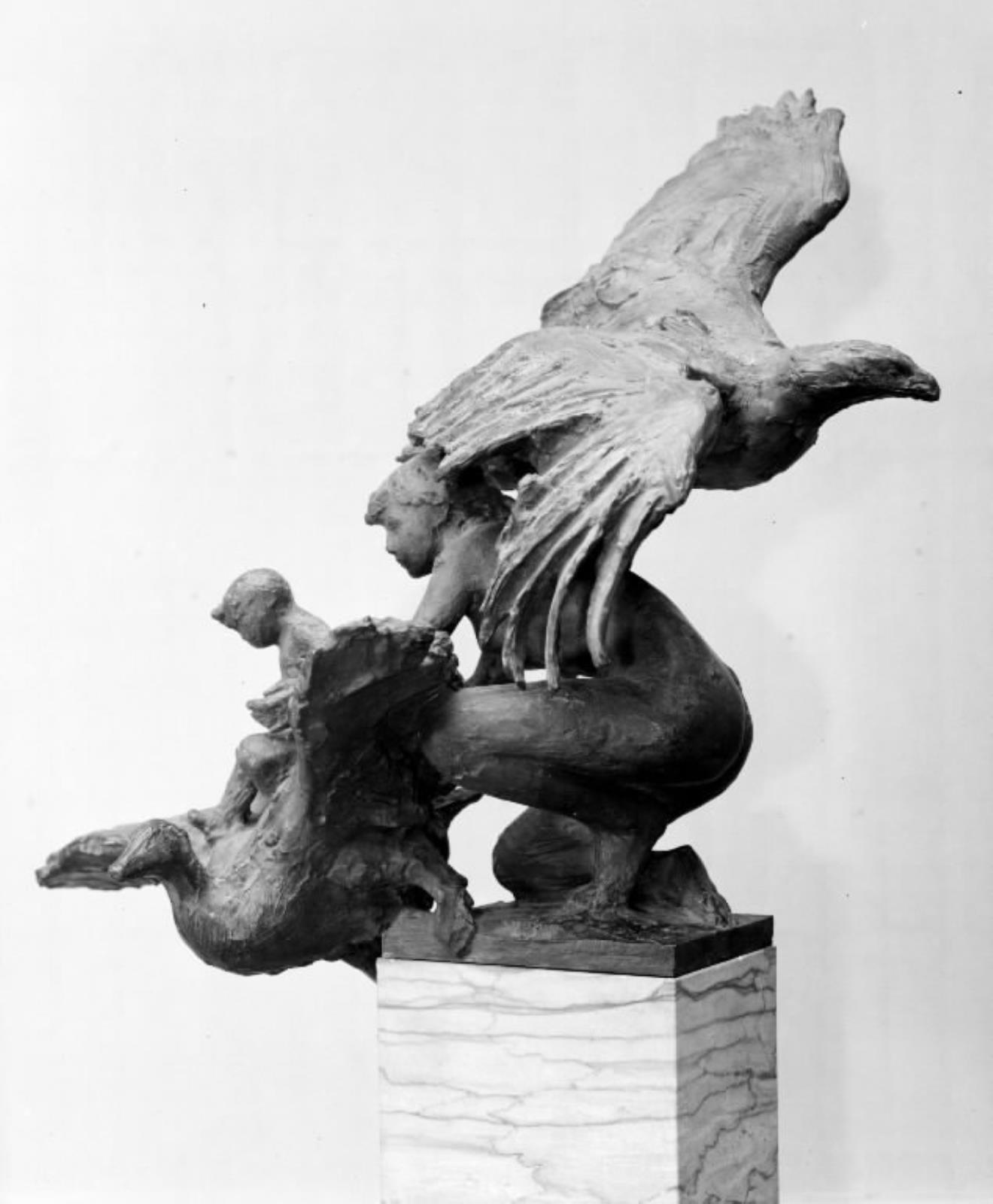 Skitse til statuegruppe. Nøgen kvinde med et barn, en ørn og en svane, Mogens Bøggild, 1943-1944