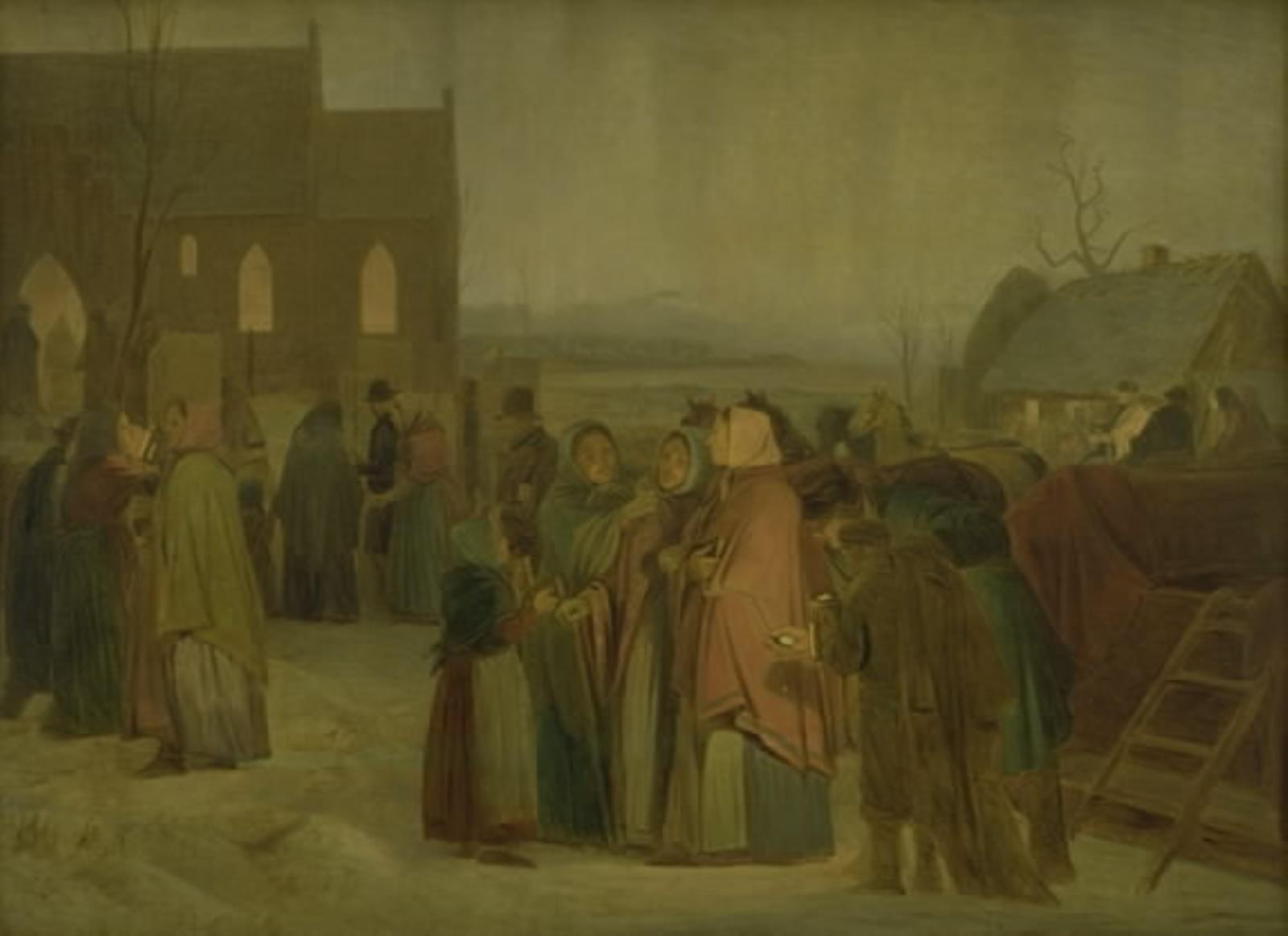 Julemorgen. Bønder uden for en kirke
