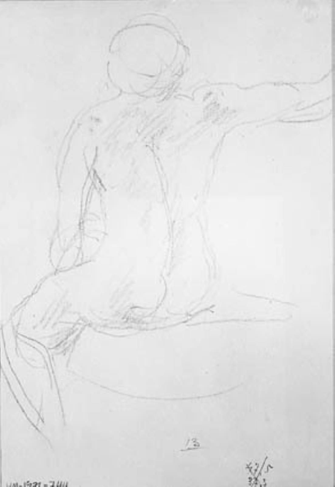Siddende, rygvendt kvindelig model med højre arm løftet, Raymond Martin, 1910-1992