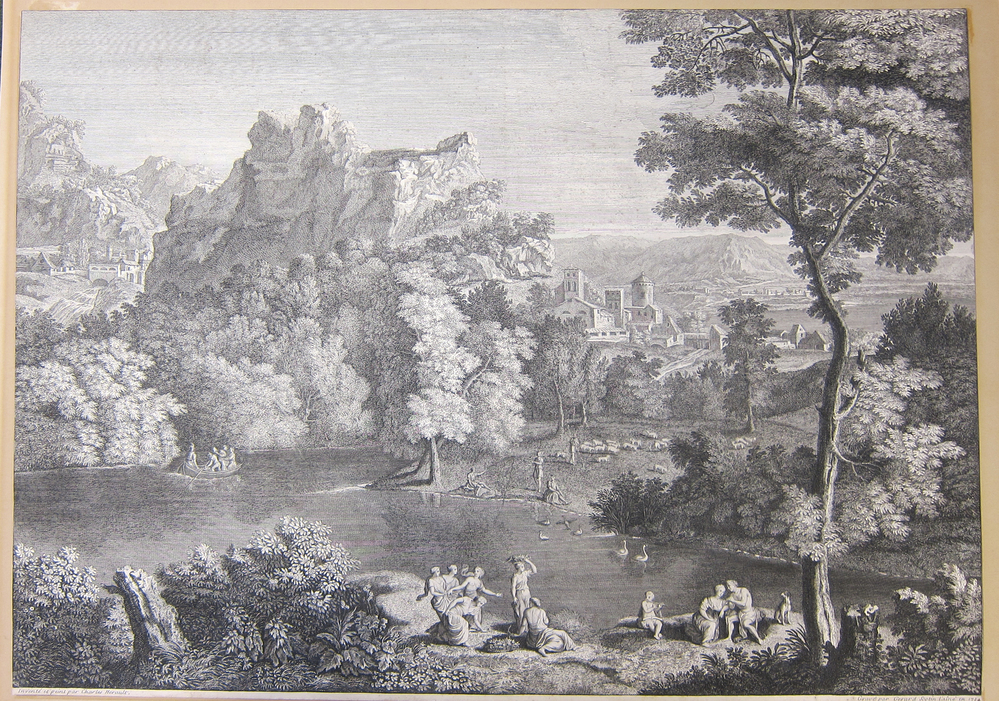 Flodlandskab med hyrder samt en robåd i baggrunden t.v.