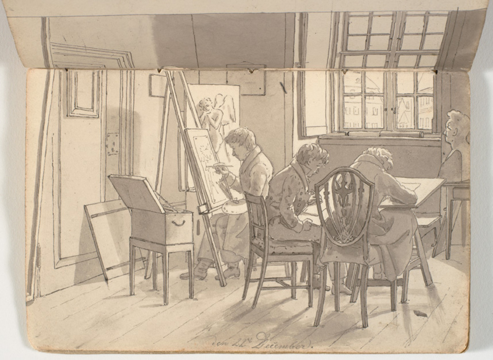 Interiør fra akademiet med malende og tegnende kunstnere