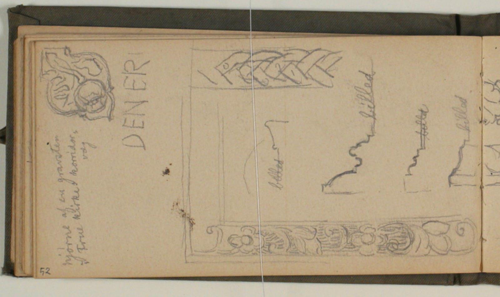 Studier af ornamentik, ramme- og gesimsprofiler, samt notater