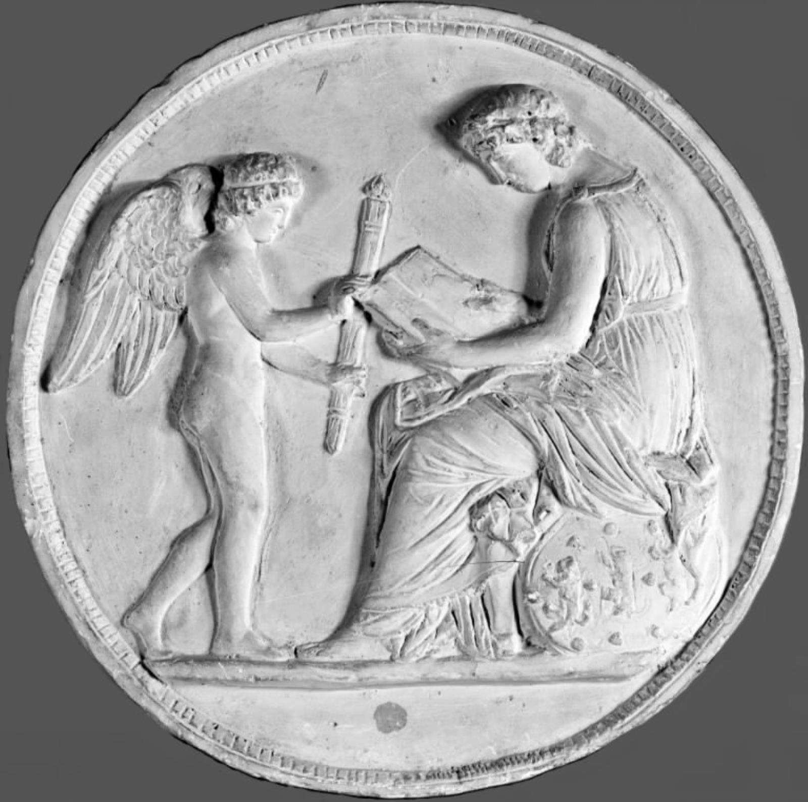 Danmark symboliseret ved en kvinde, siddende på rigsvåbnet med en bibel, foran hende står en vinget genius med fakkel