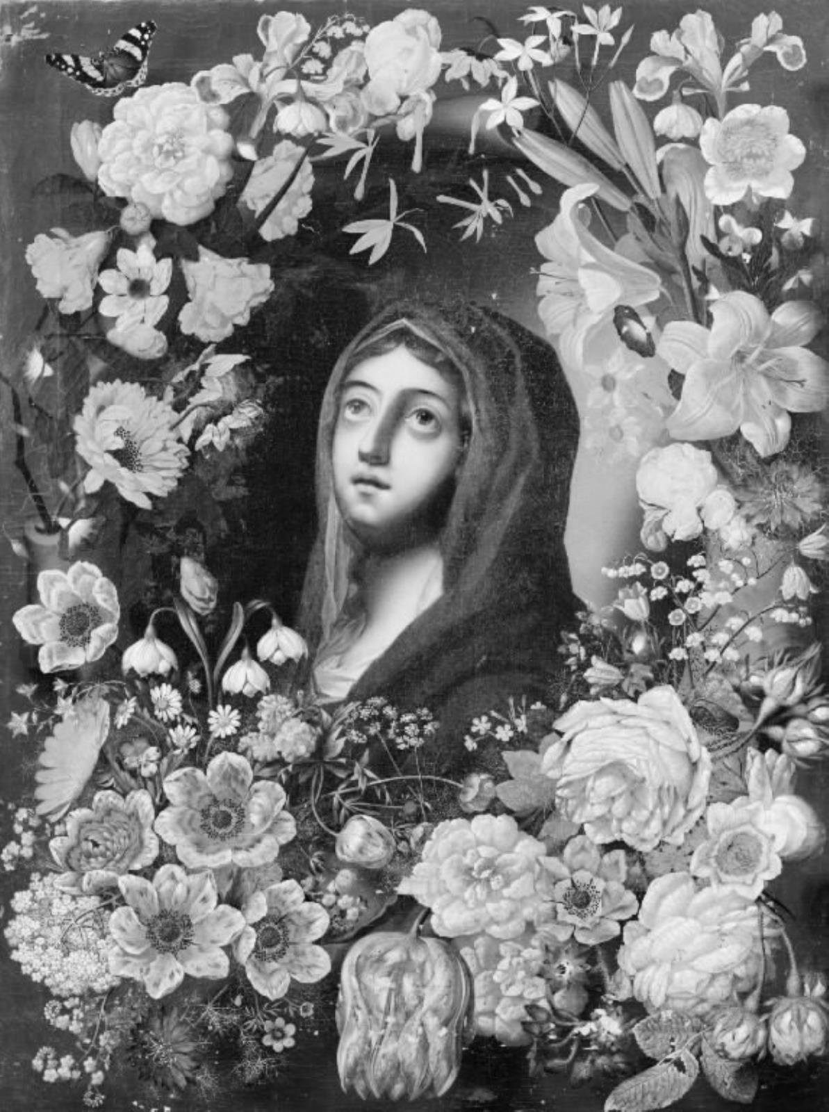 Jomfru Maria med et blåt slør, ses i en blomsterkrans