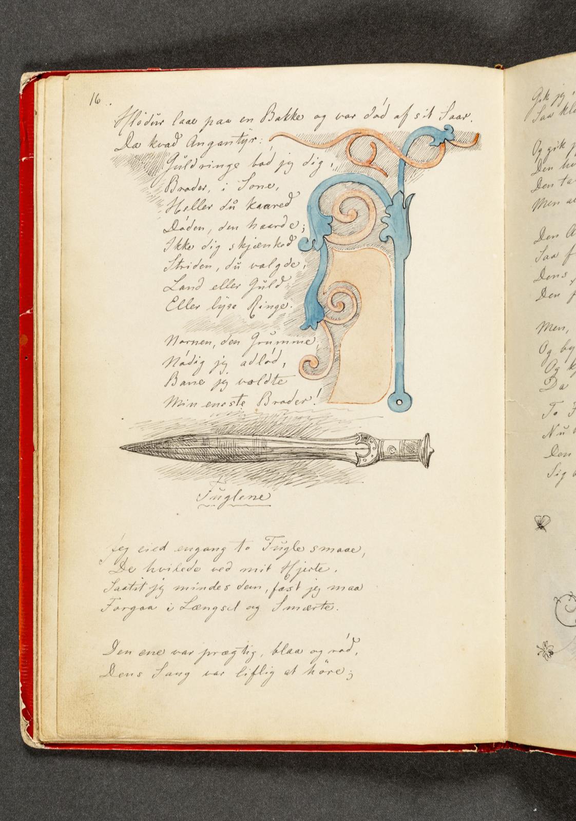 Ornament. Dørbeslag, der efterligner vikingetidens ornamentik. Et tveægget sværd med kraftigt skæfte. Hertil vers. Side 16