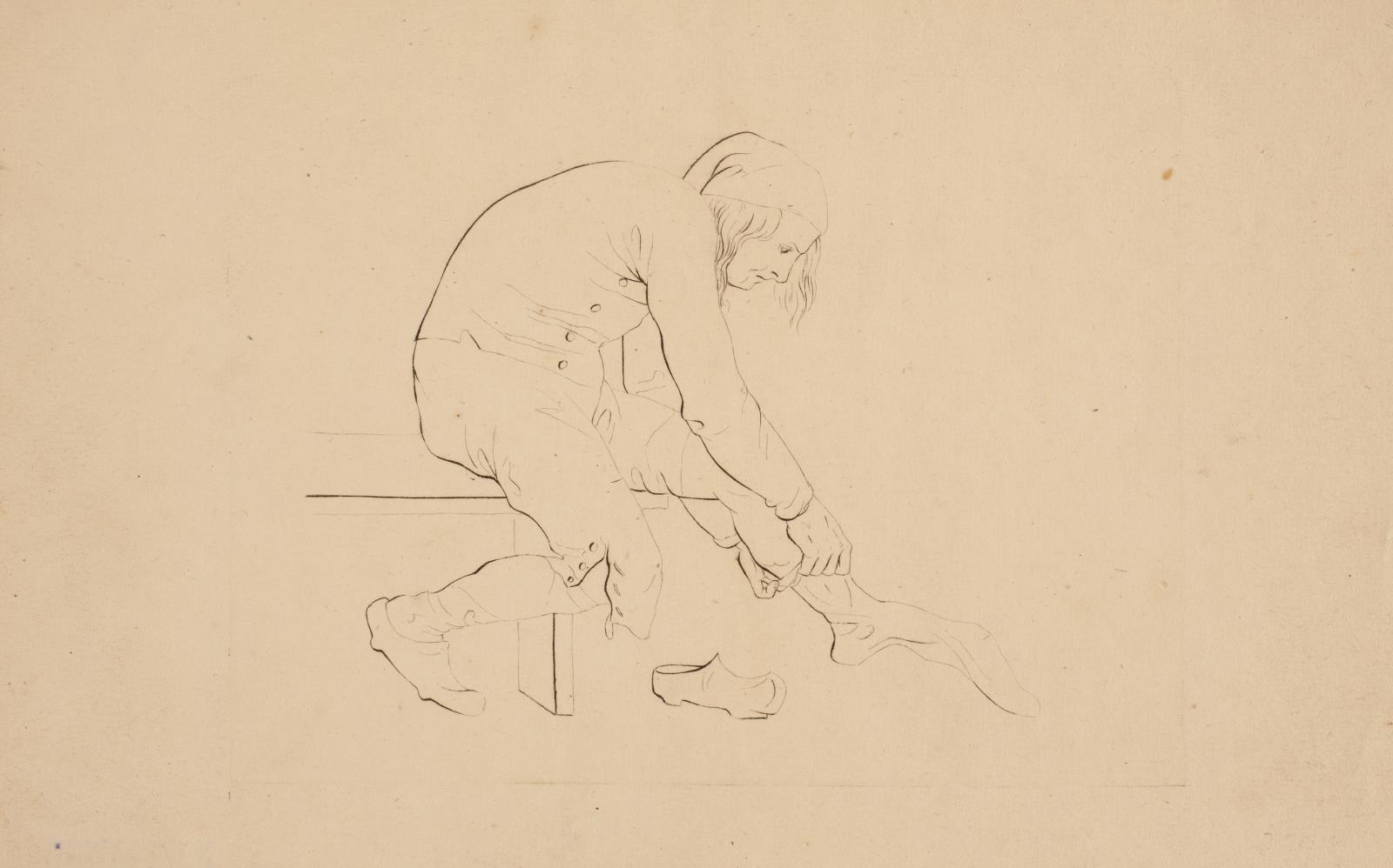 En bonde, som trækker strømpe på