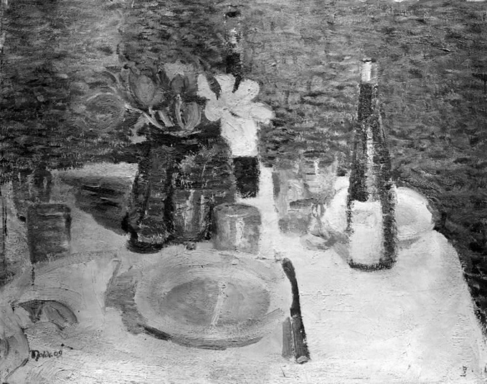 nuttet Framework smeltet Nature morte, et dækket bord, hvorpå en krukke med tulipaner, 1908 – 1937,  KMS 4151 Ubekendt, Emil Nolde | SMK Open
