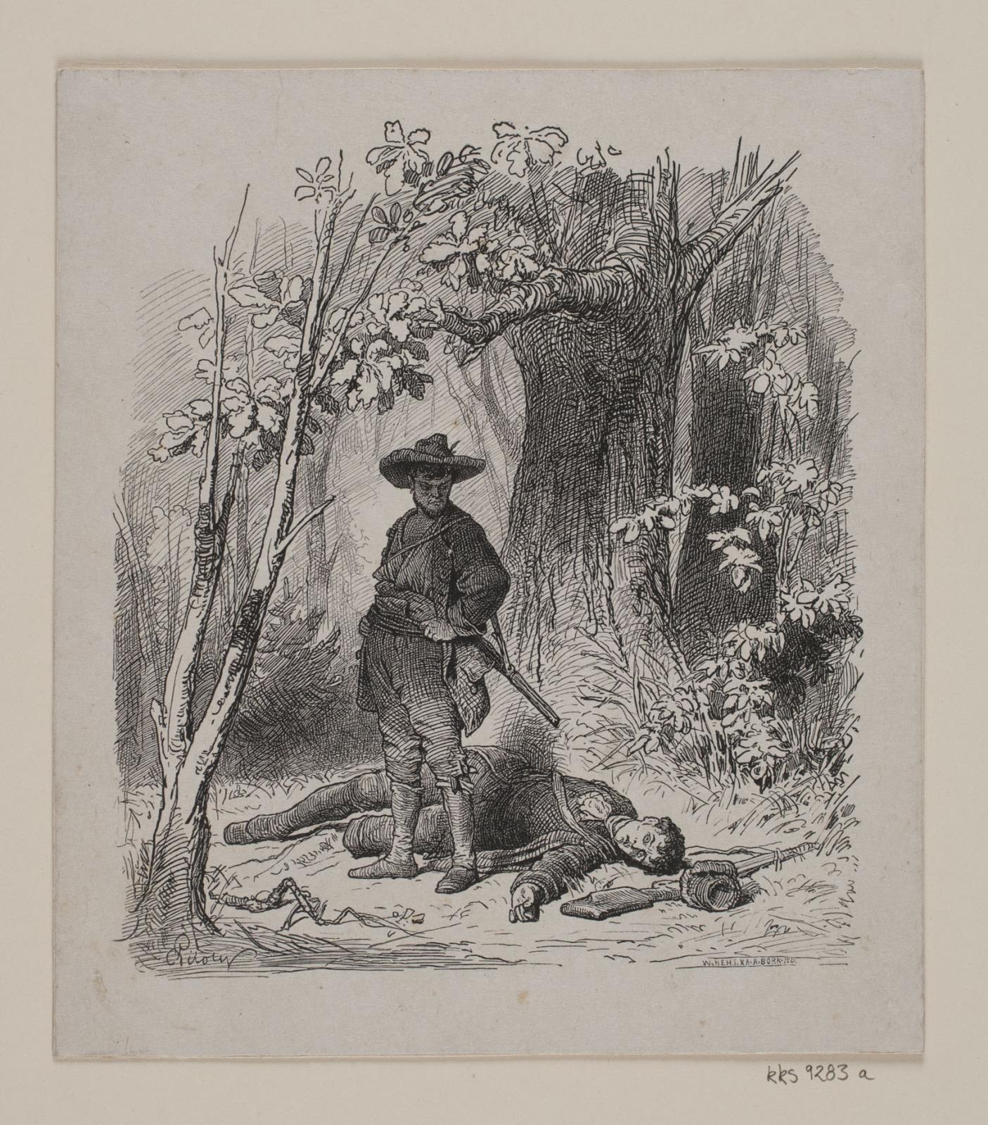 En bandit stående ved siden af en ung mand, han har myrdet