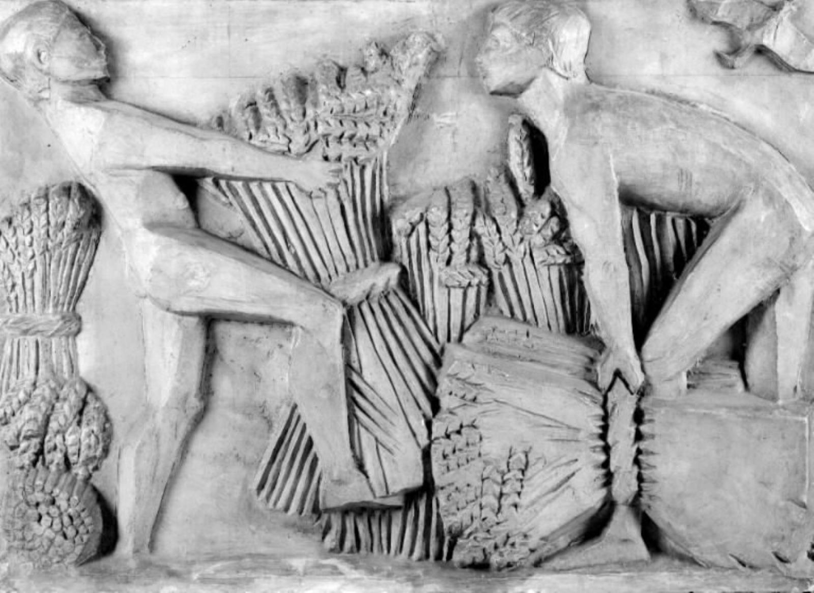 Høst. To nøgne mænd, der samler kornneg