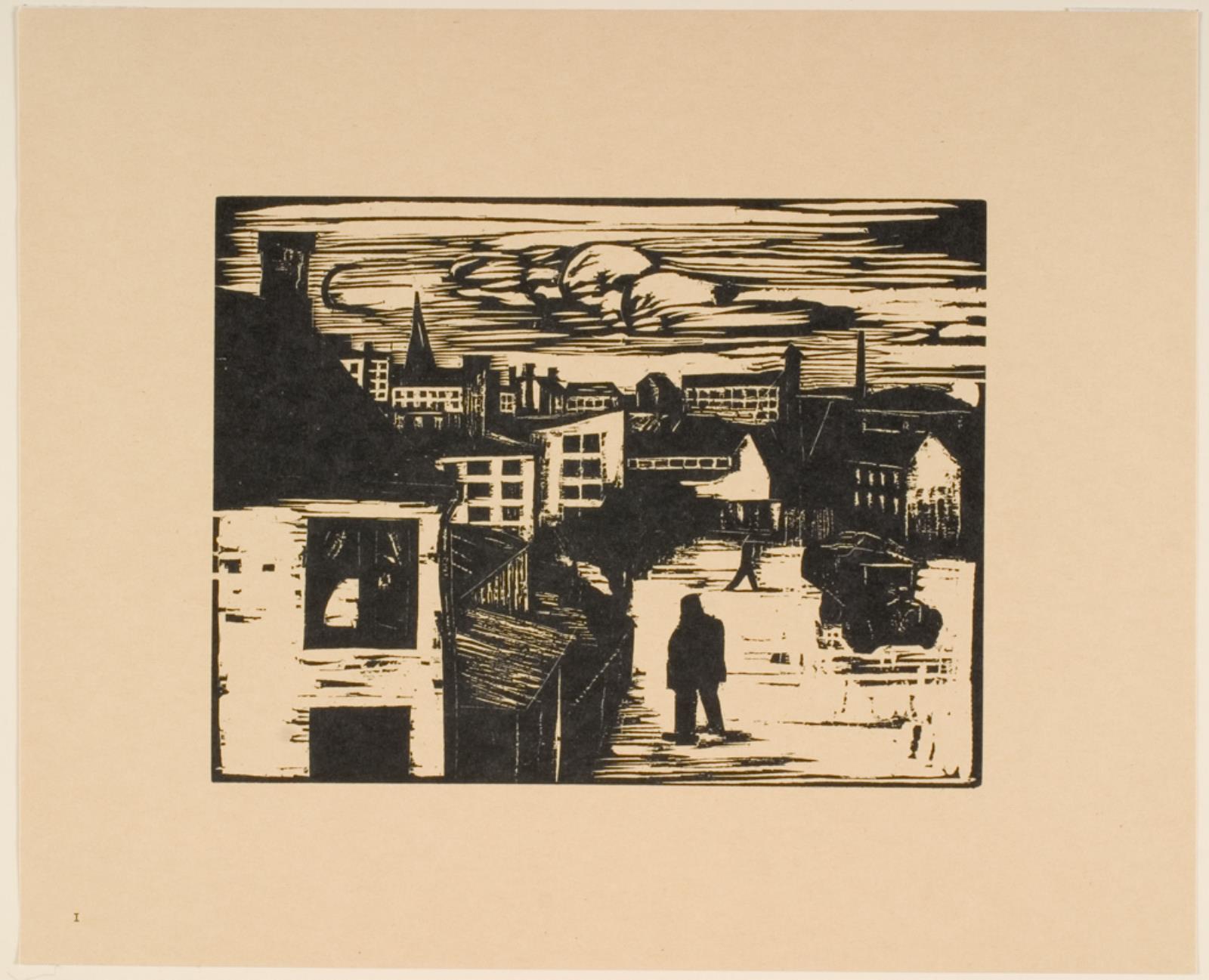 Prospekt fra en by med højhuse, t.h. to mænd og en lastbil, Povl Christensen, 1935