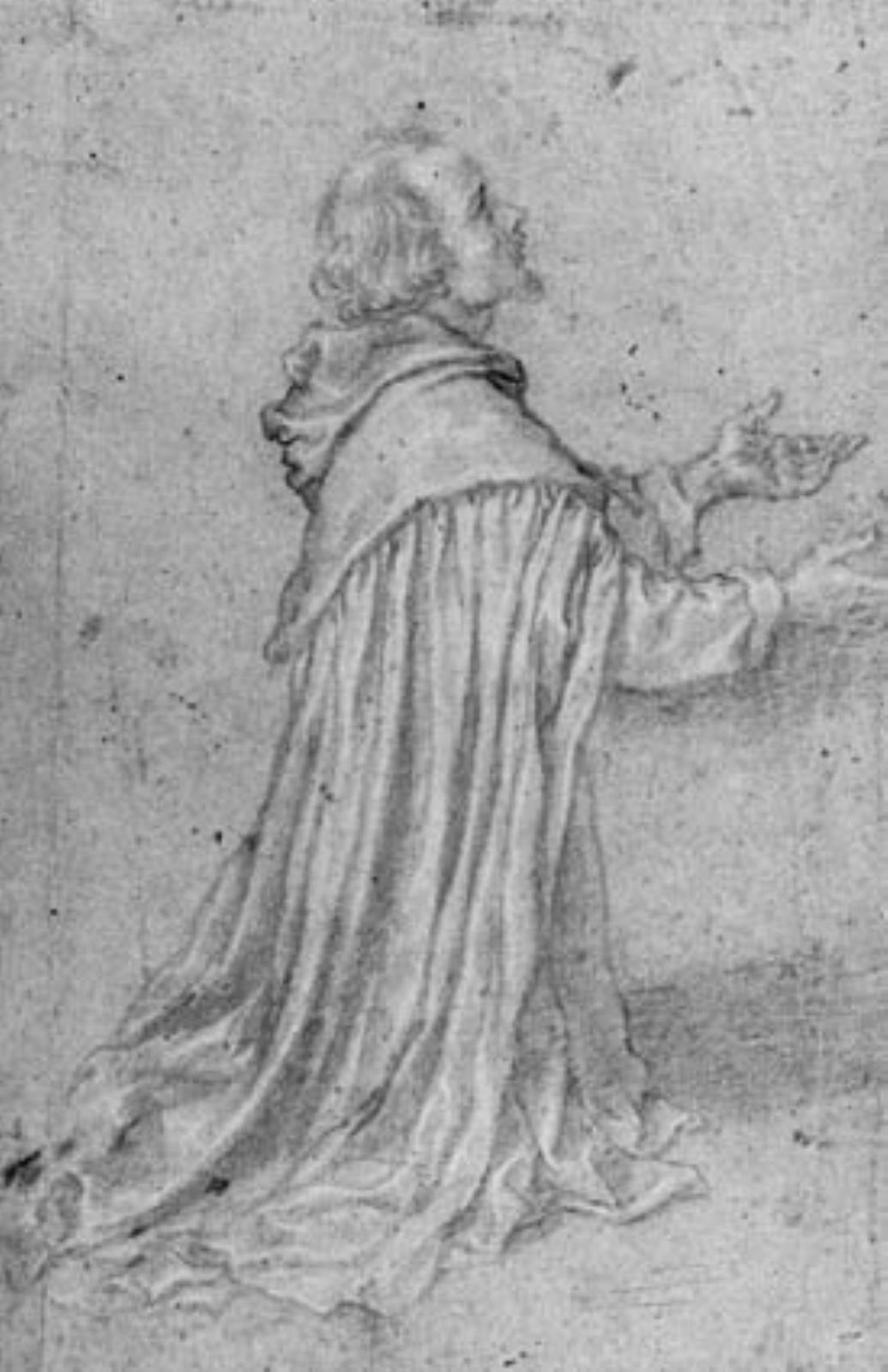 Kneeling cloaked man in profile to the right