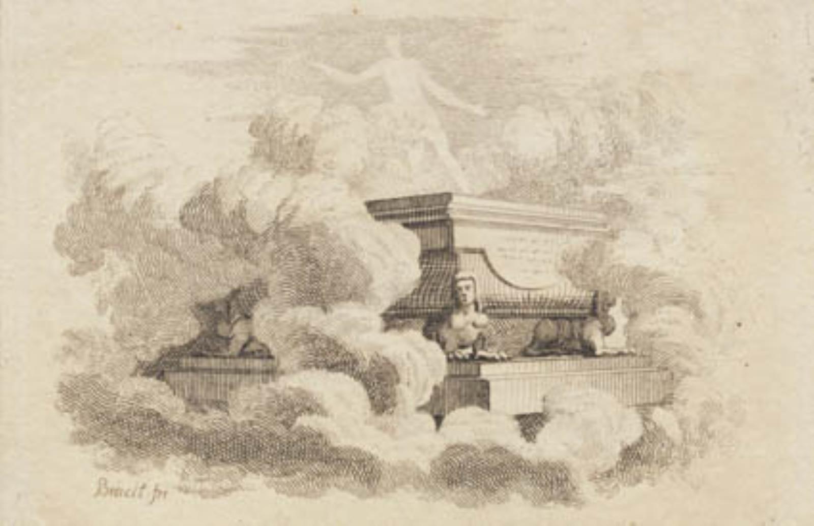 I skyerne hviler en sarkofag på fire sfinxer