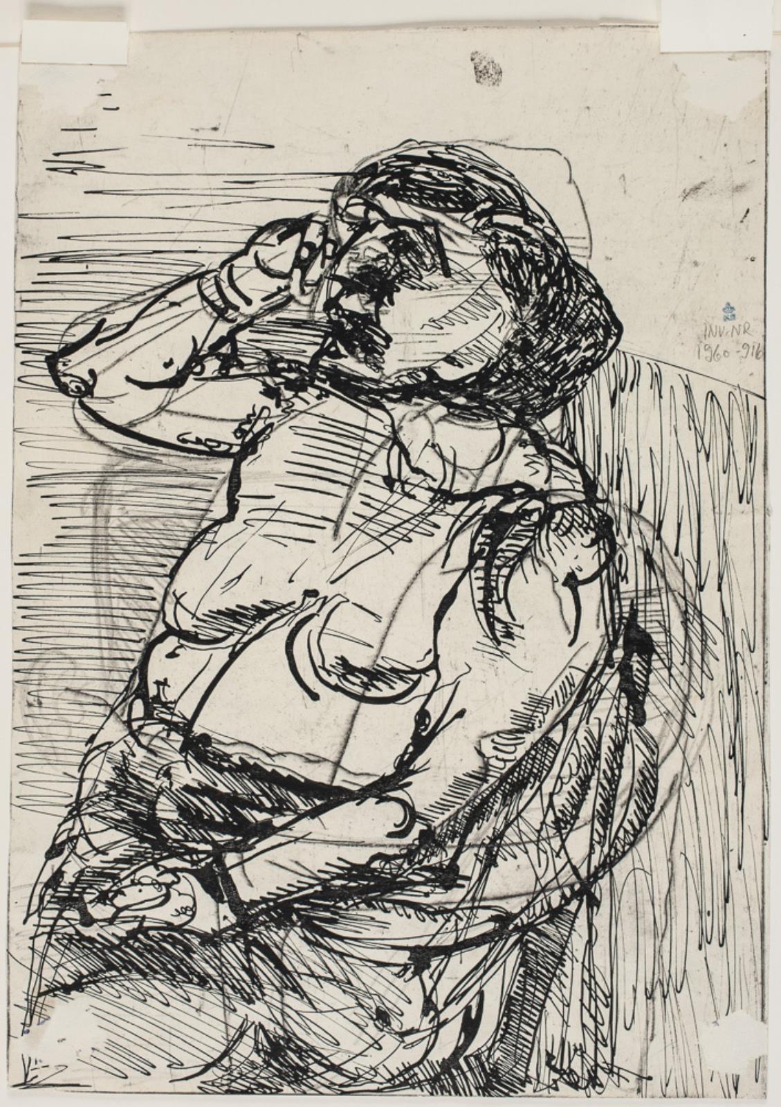 Siddende kvinde med højre hånd løftet mod hovedet, Svend Wiig Hansen, 1957