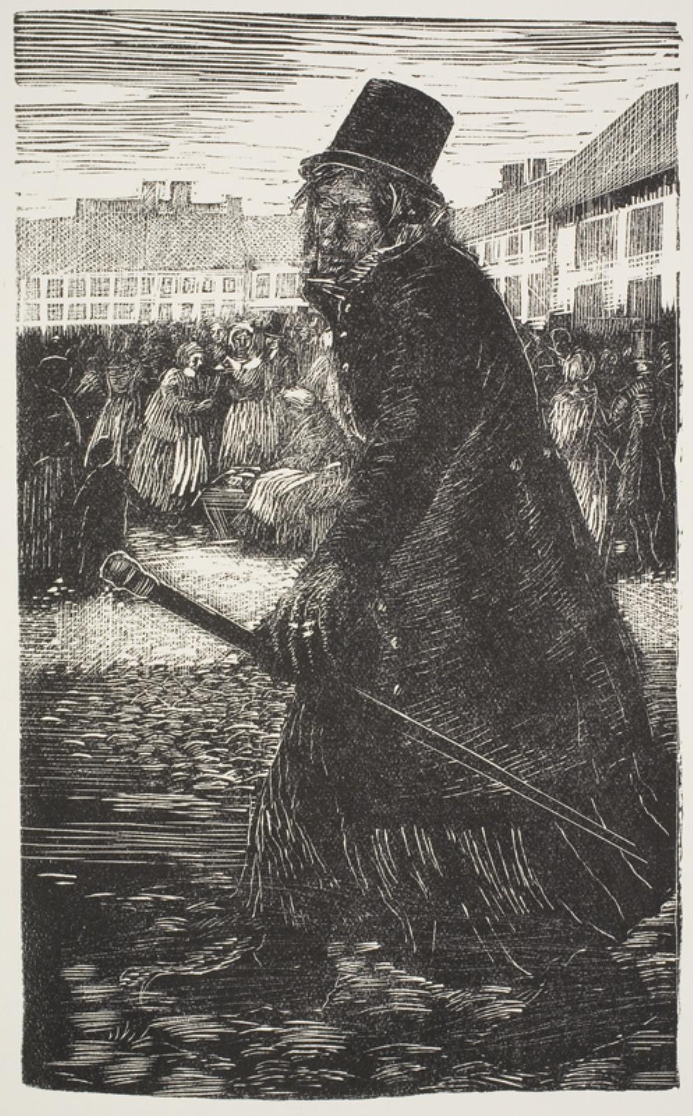 Bondehuse i et hedelandskab; i forgrunden en vandrende mand, Povl Christensen, 1941