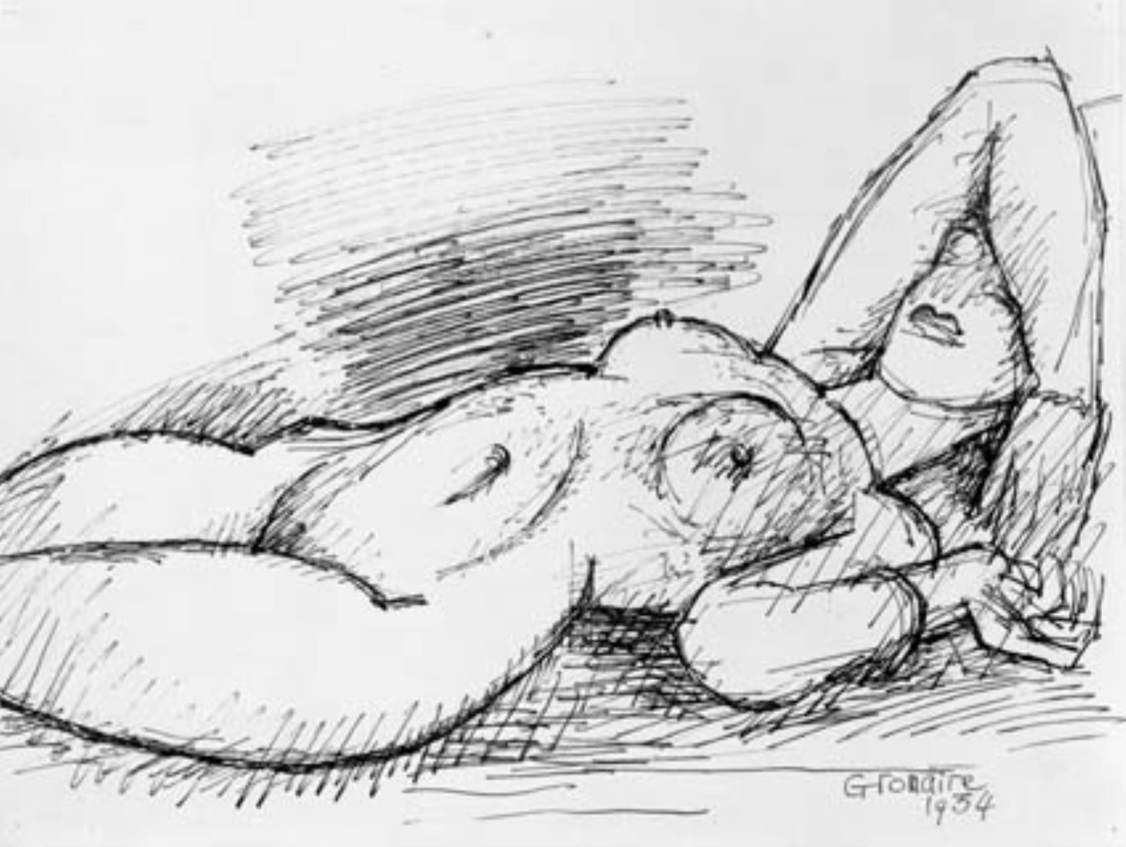 Kvindelig model, liggende på ryggen med højre arm over hovedet, Marcel Gromaire, 1934