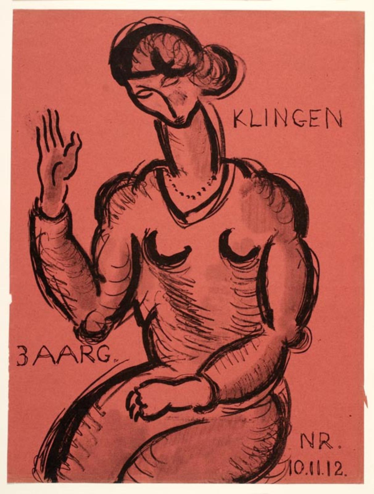 Siddende kvinde med løftet hånd. Forside til Klingen årg. III, nr. 10,11,12, Svend Johansen, 1920