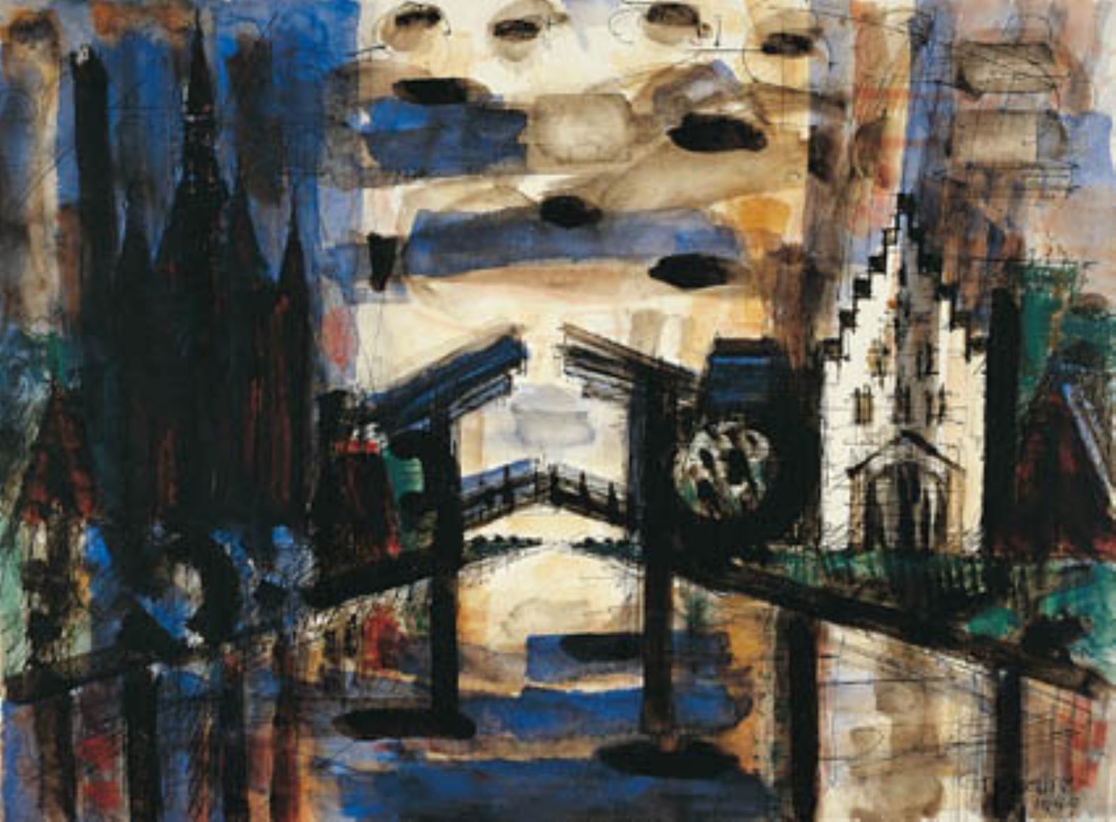 Vippebro over kanal, hvid trappegavl til højre, Marcel Gromaire, 1949