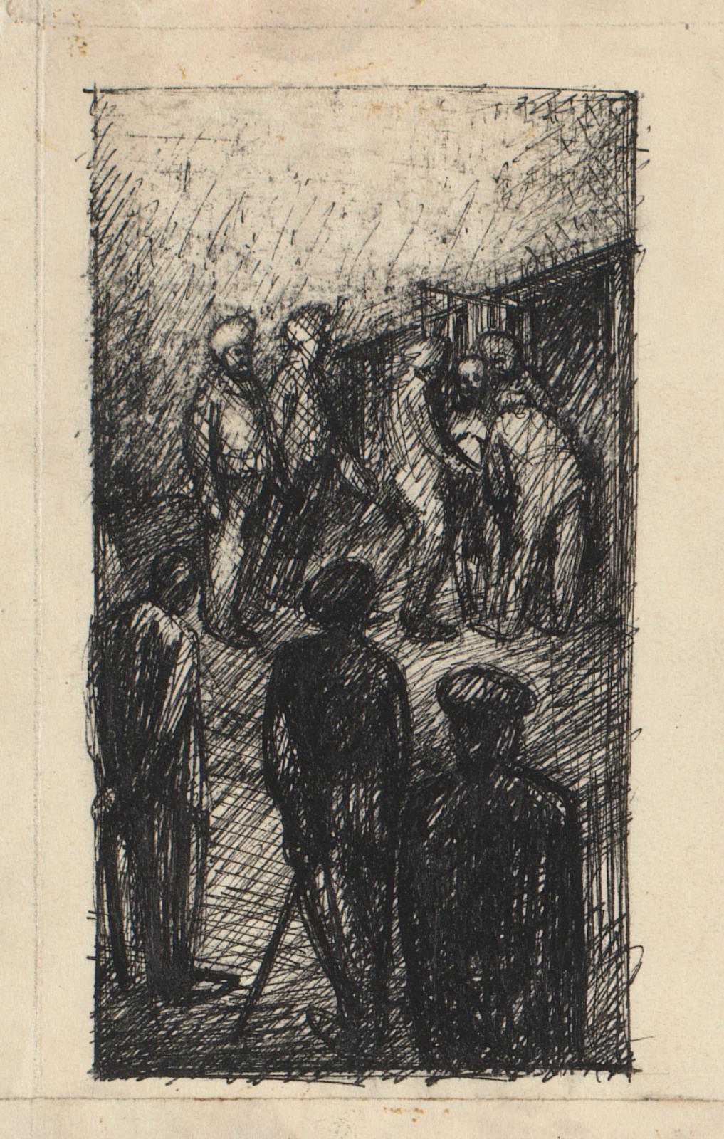 En dødsdømt føres ud af sin celle. Illustration til George Orwell: "En hængning", Palle Nielsen, 1949