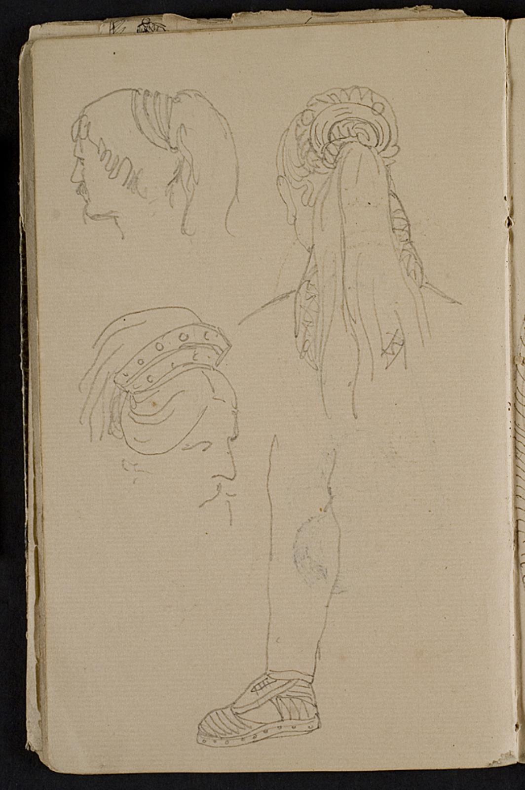 Skitser af frisurer og en sko