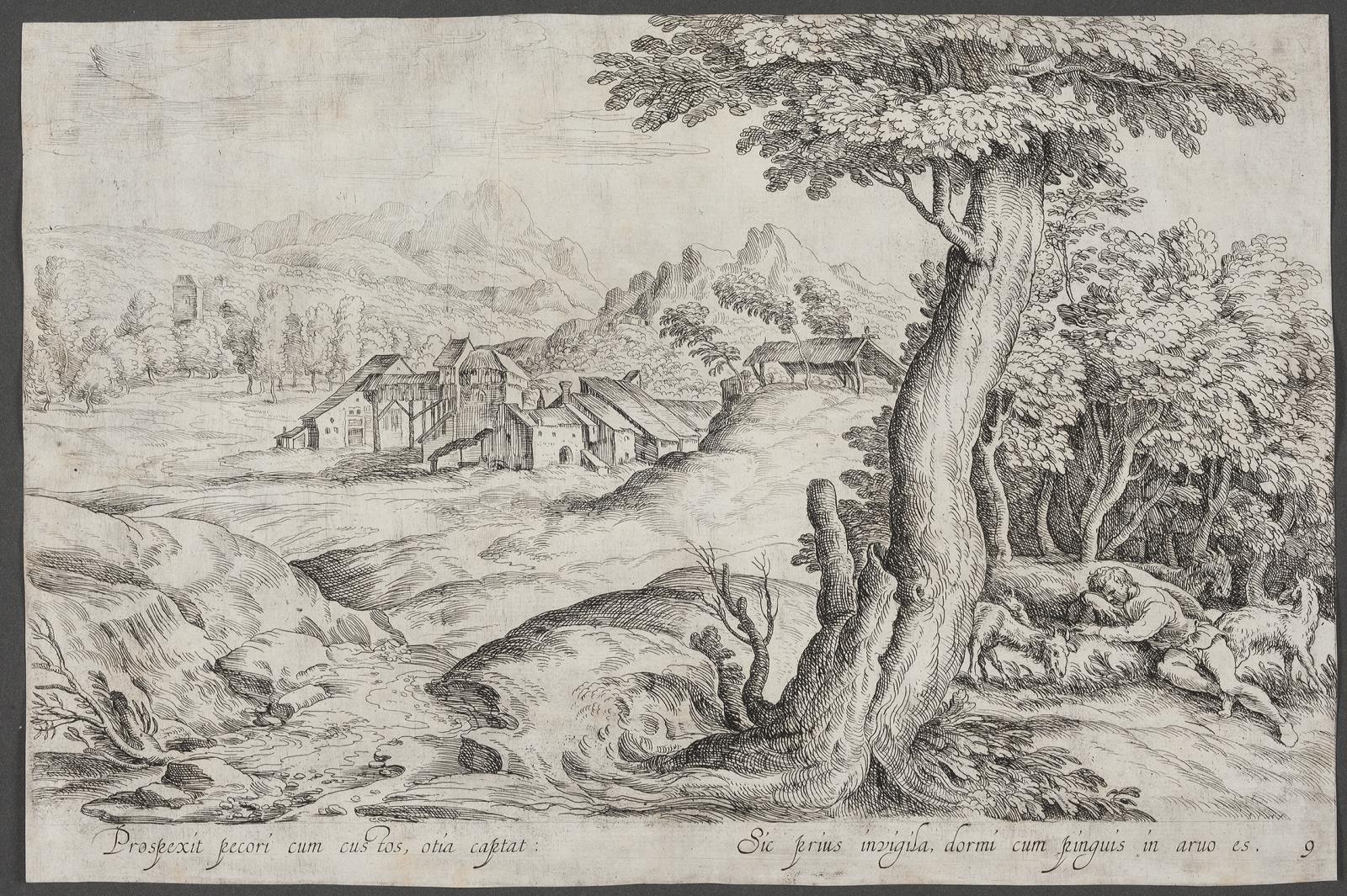 Landskab med en by og en sovende fårehyrde (Prospexit pecori cum custos, otia captat: si prius invigila, dormi cum pinguis in aruo es)