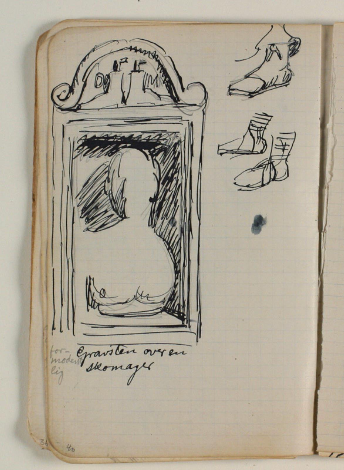 Skitse af sko og gravmæle