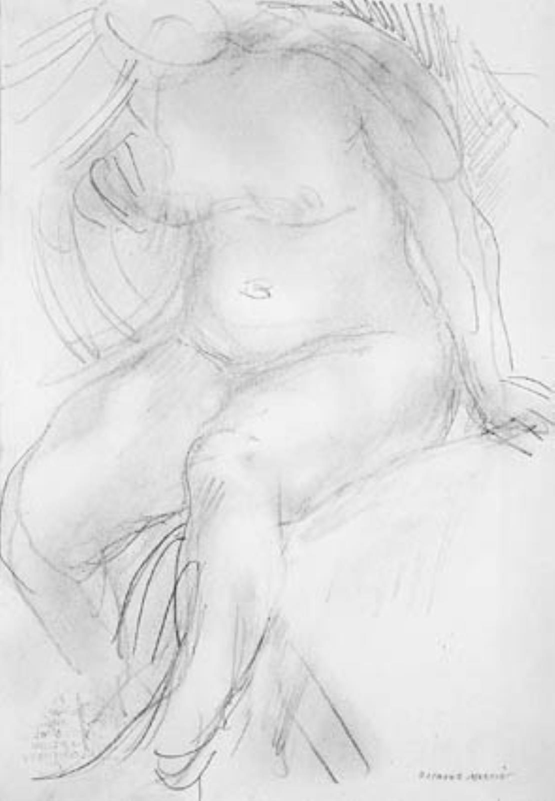 Kvindelig model, siddende let vendt mod venstre på en seng, Raymond Martin, 1910-1992