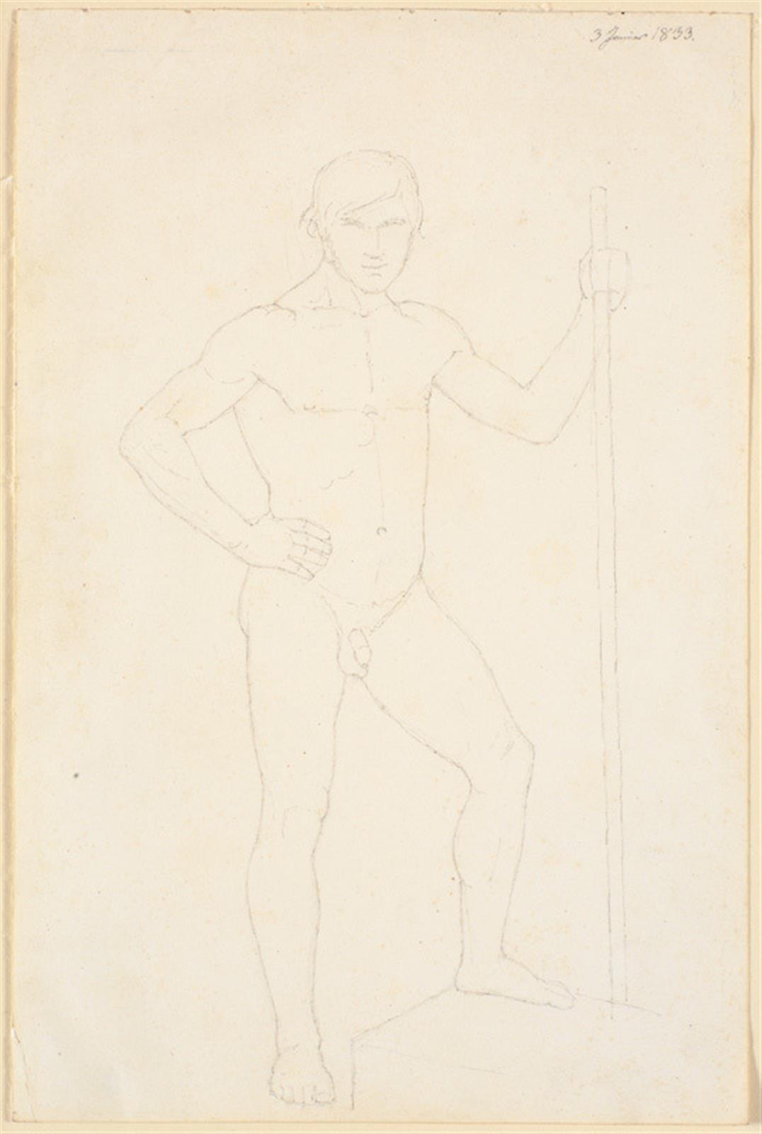 Stående mandlig model med en stav i venstre hånd