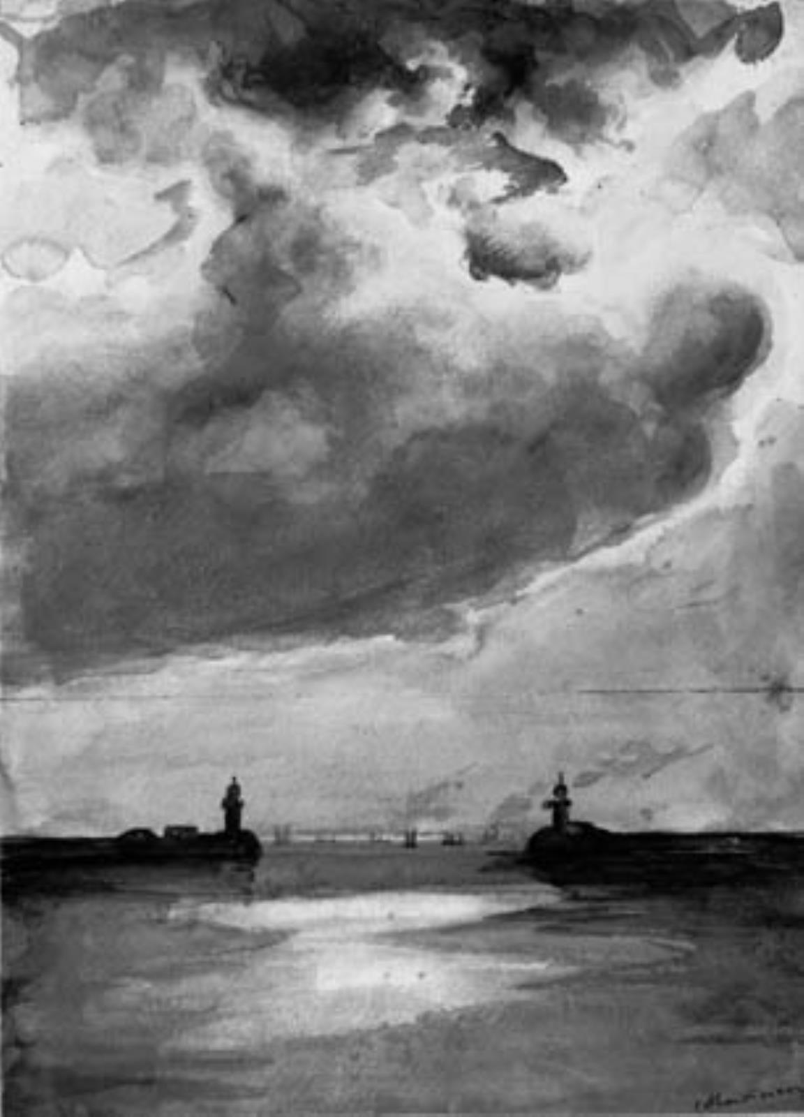 Skyen. Indsejlingen til havnen i Le Havre