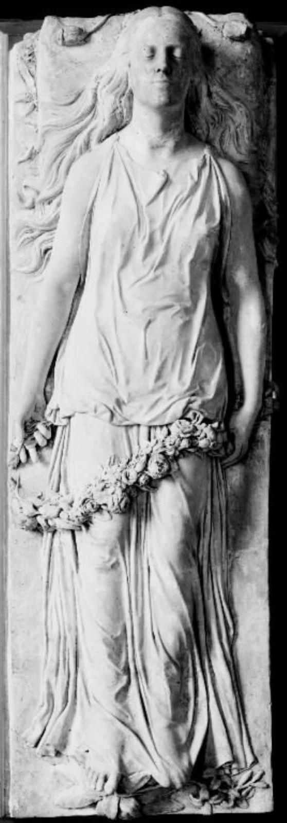 Gravmæle over Alma Goethe. Den døde ligger udstrakt på ryggen med en ufuldendt blomsterkrans mellem hænderne