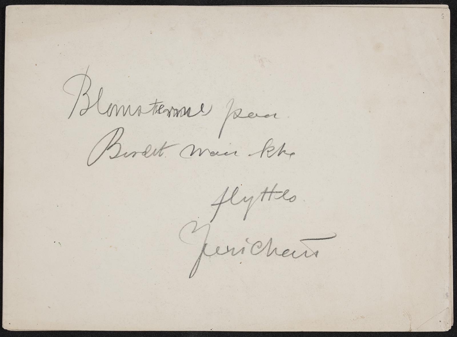 Besked fra kunstneren: "Blomsterne paa / Bordet maa ikke / flyttes. / Jerichau"