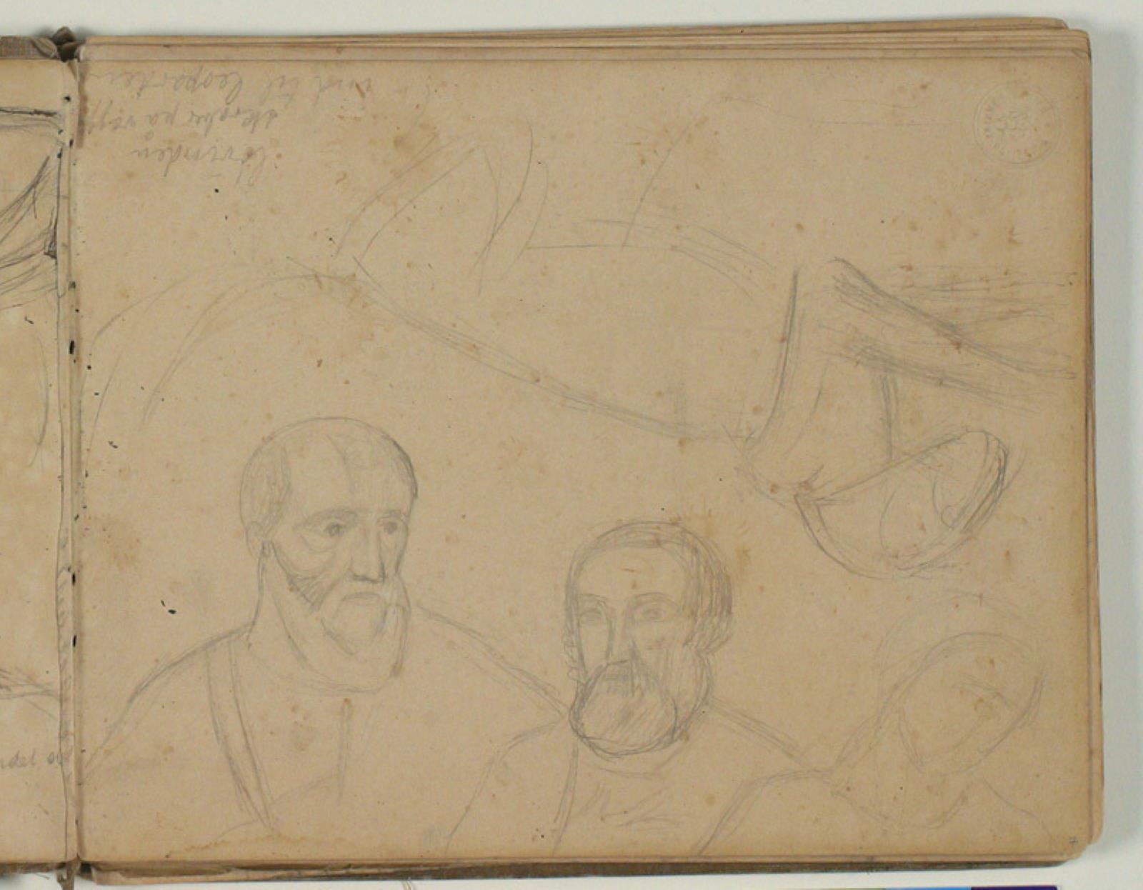 Tre ansigtsskitser og skitse af "løvinde". Notat