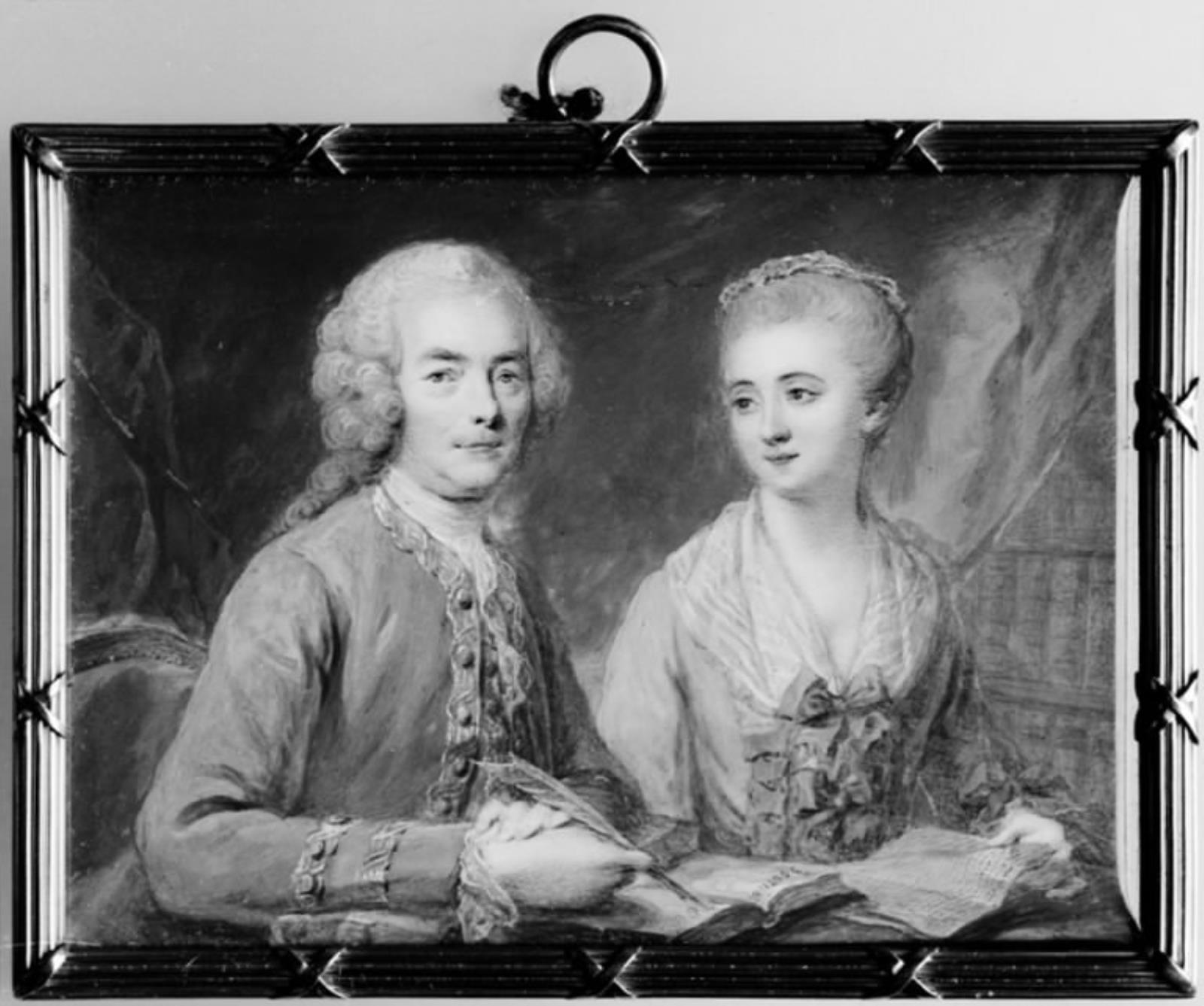 Dobbeltportræt, herre og dame, siddende ved et bord