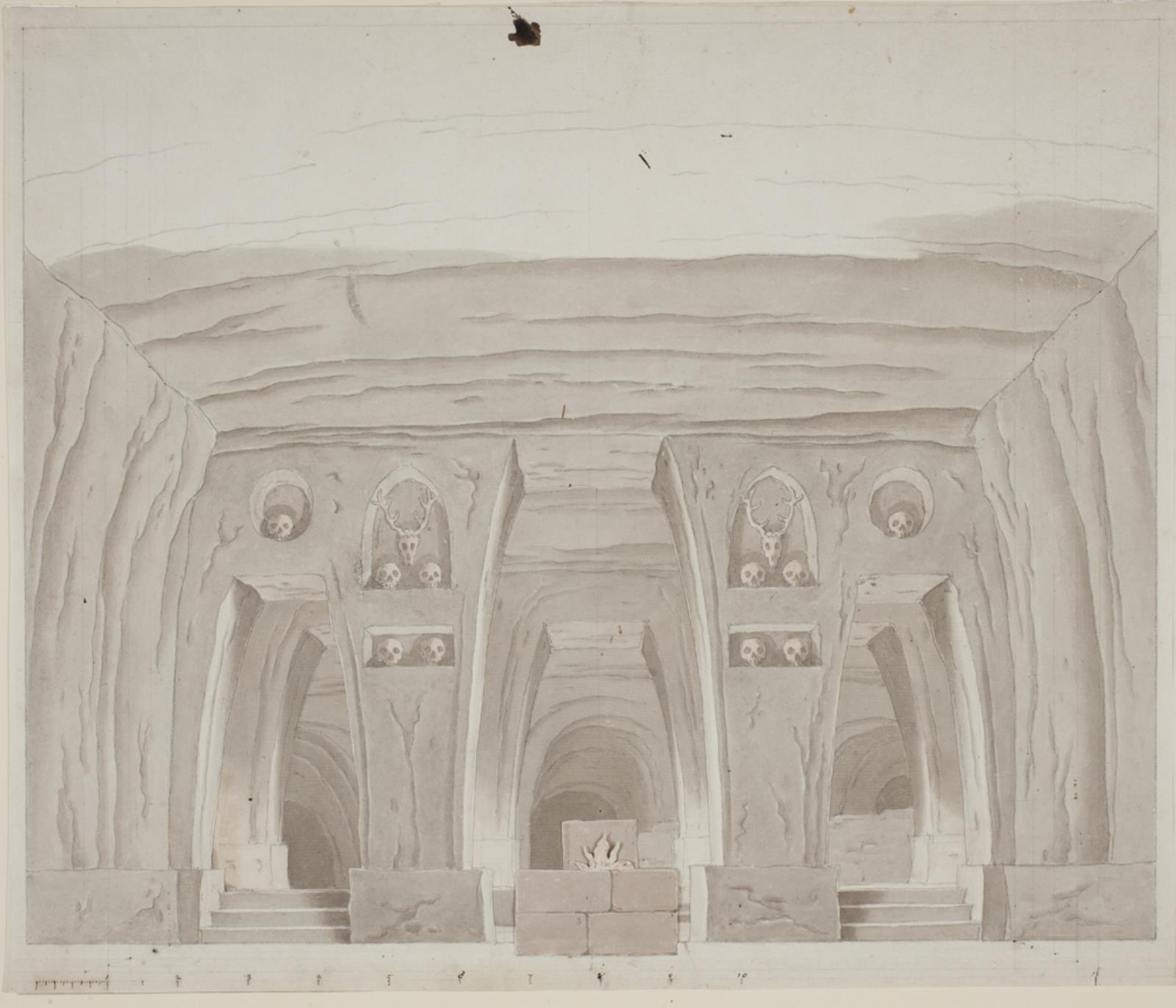 En hule med dødningehoveder. Oplukkelig dekorationsudkast til skuespillet: "Balders død" af Johannes Ewald